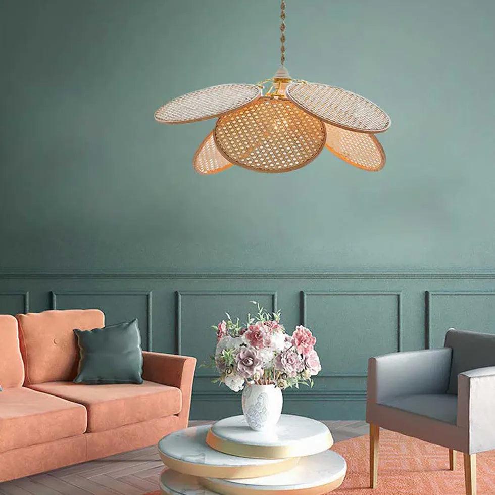 Rattan Disc Petal Pendant Light - Boho Chic Ceiling Fixture for Bedroom, Living Room, Dining Room & Porch Lighting Decor