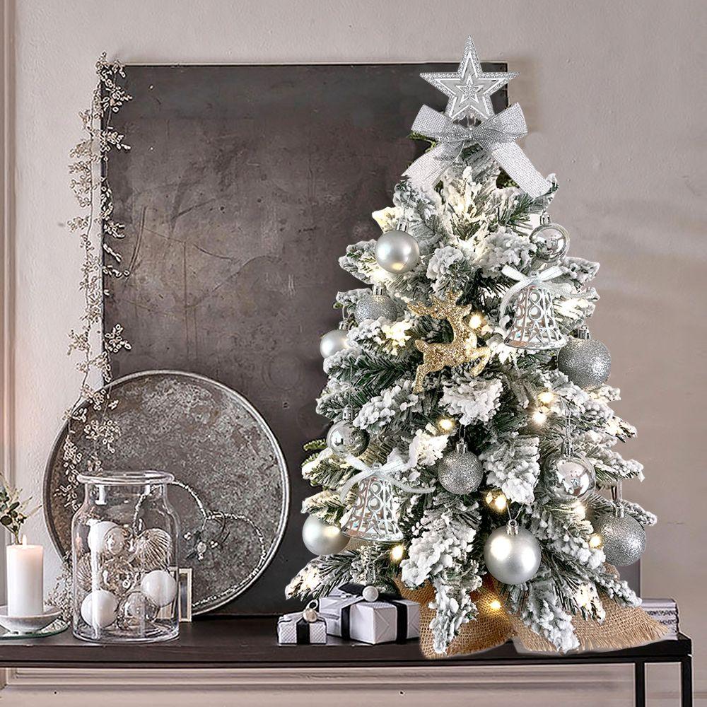 22in Flocked Snow Artificial Christmas Tree with LED Lights - Mini Red Tabletop Xmas Decor for Home, Office, Party & Holiday Decoration