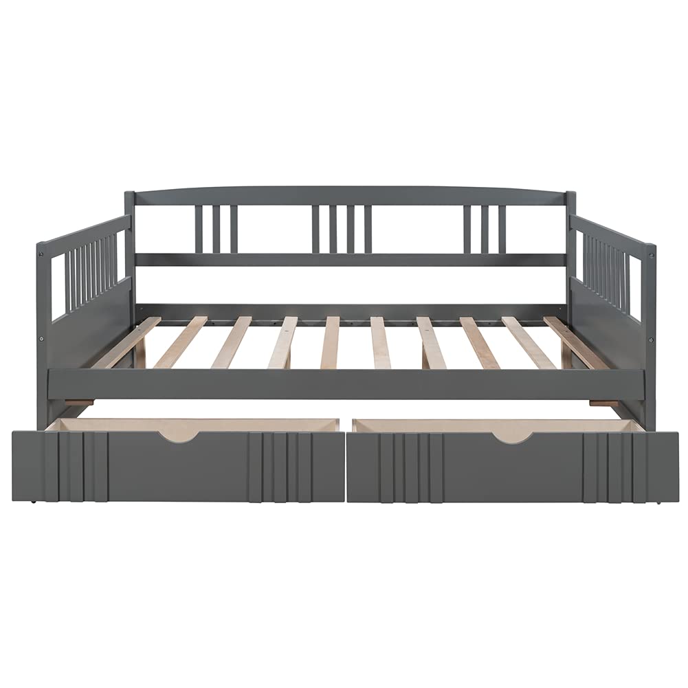 **Convertible Daybed Sofa Bed for Kids - Pinewood Frame with Guardrails & Wood Slats - Full Size Pull-Out Storage Drawers with Wheels (Gray) - Perfect for Kids' Bedroom, Guest Room & Small Spaces**