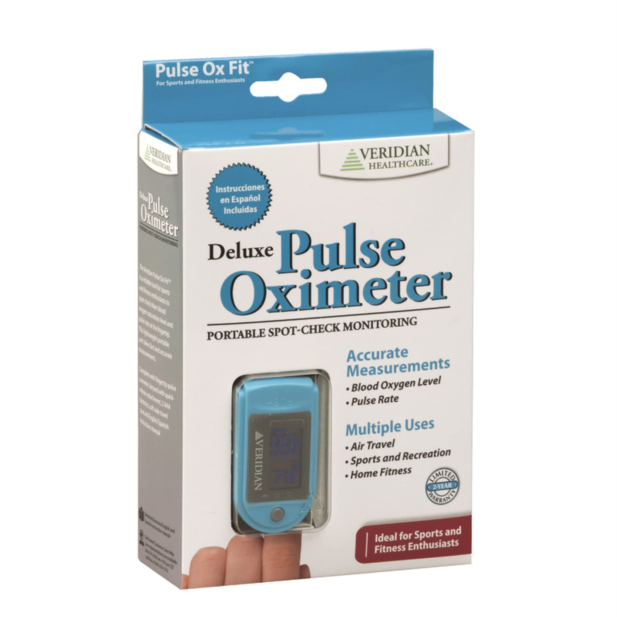 Veridian Healthcare Deluxe Pulse Oximeter - Accurate Blood Oxygen Saturation (SpO2) & Heart Rate Monitor with Lanyard & Batteries - Portable Finger Oxygen Meter for Home, Travel & Sports Use