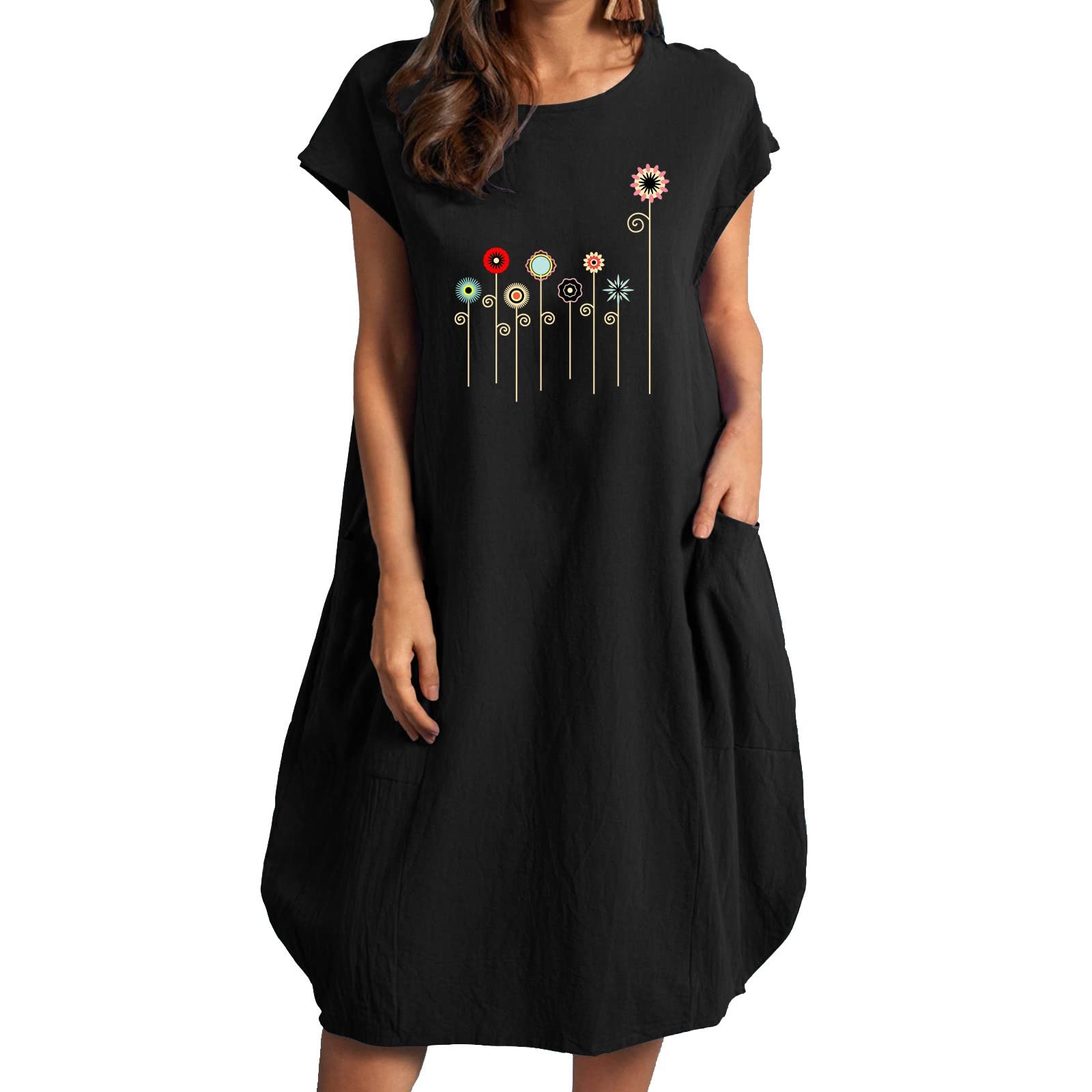 Plus Size Summer Dresses for Women - Floral Printed Loose Fit Short Sleeve Round Neck Casual Dress | Perfect for Beach Vacation, Outdoor Picnic & Summer Parties