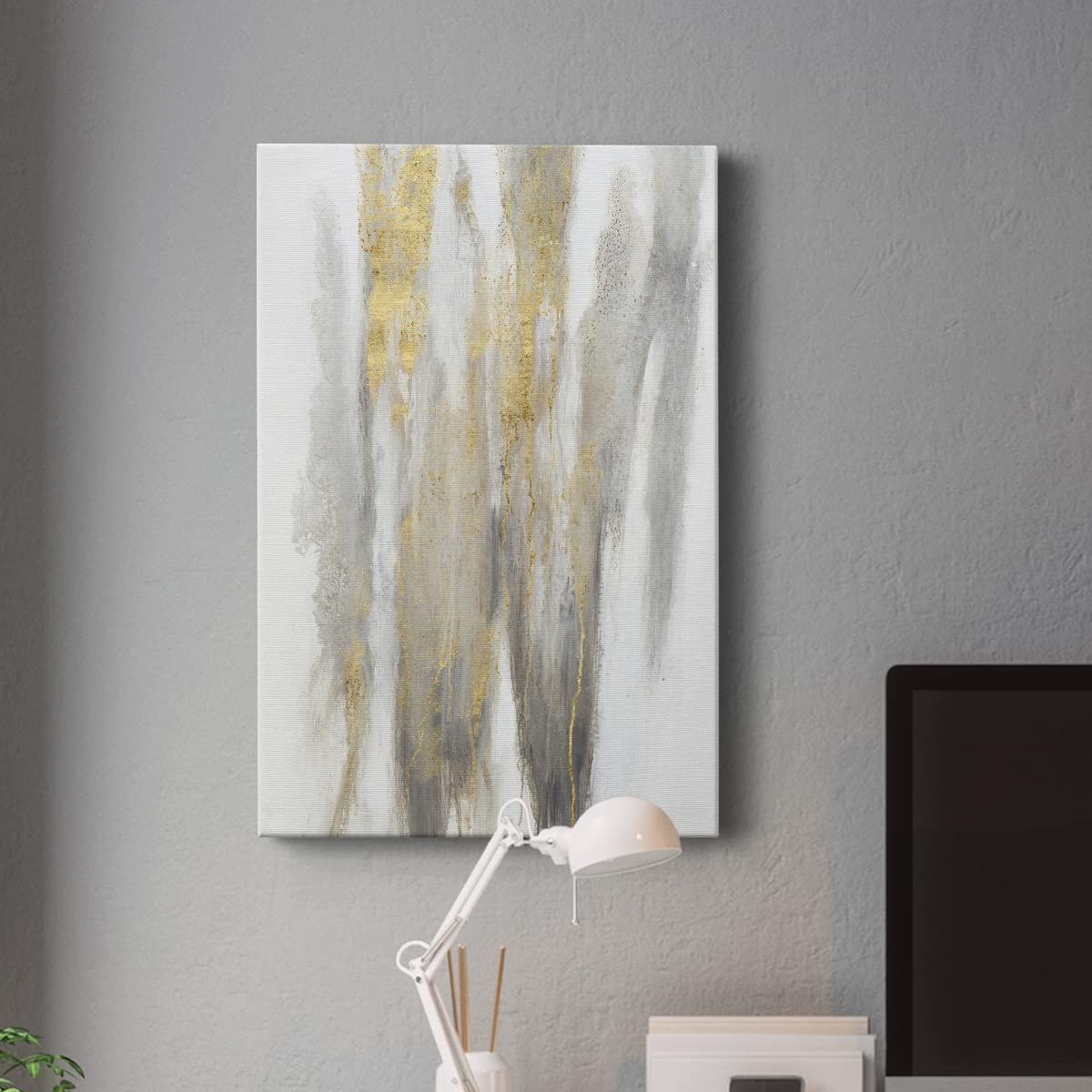 Modern Gold & White Abstract Canvas Wall Art - 32x48 Inch Bathroom & Living Room Decor - Home & Office Wall Decor for Contemporary Spaces