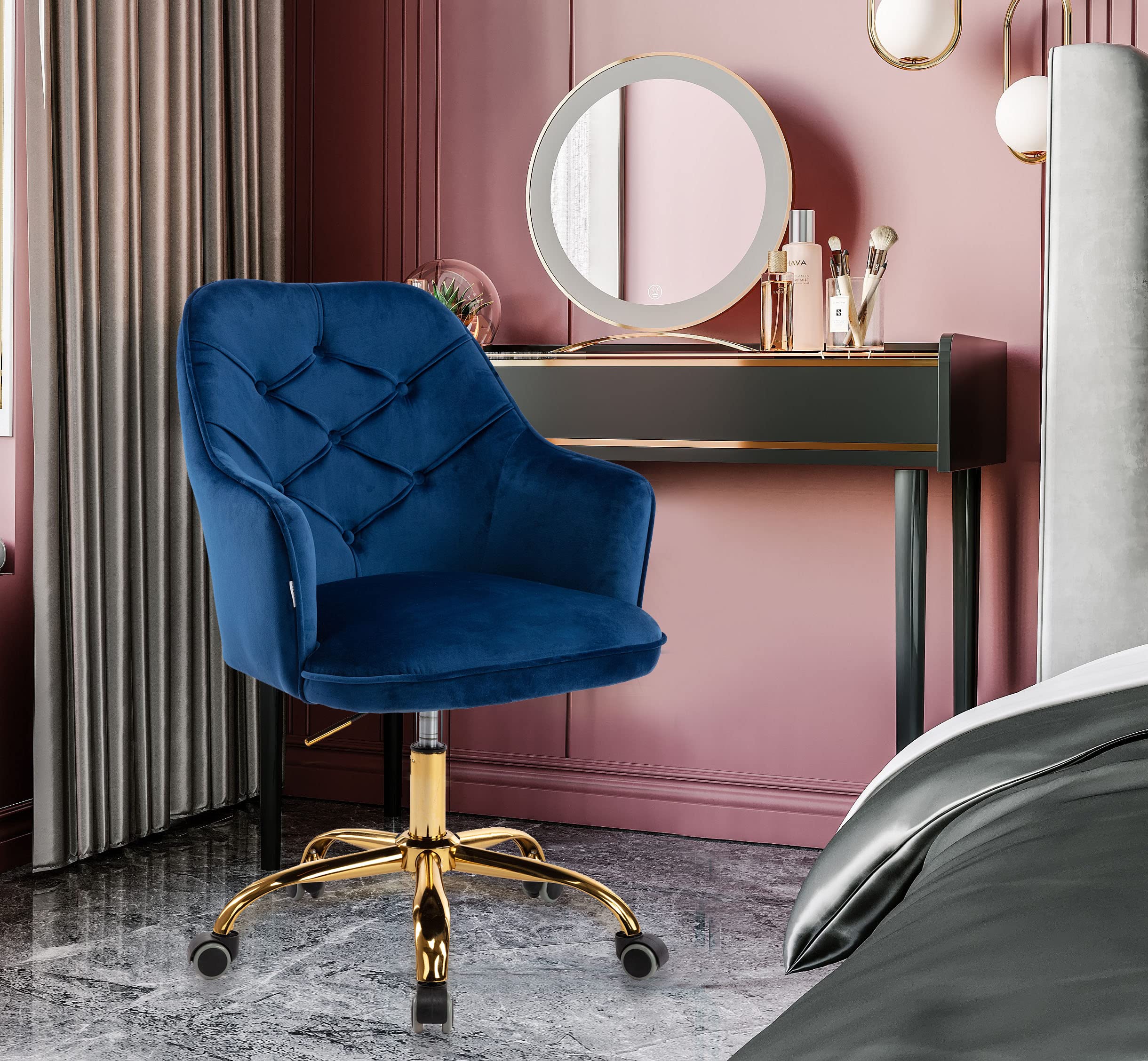 Yoluckea Modern Velvet Home Office Chair - Adjustable Swivel Desk Chair for Adults & Teens, Ergonomic Upholstered Task Chair for Living Room, Study or Vanity (Navy Blue) - Perfect for Home Office, Gaming & Workspace