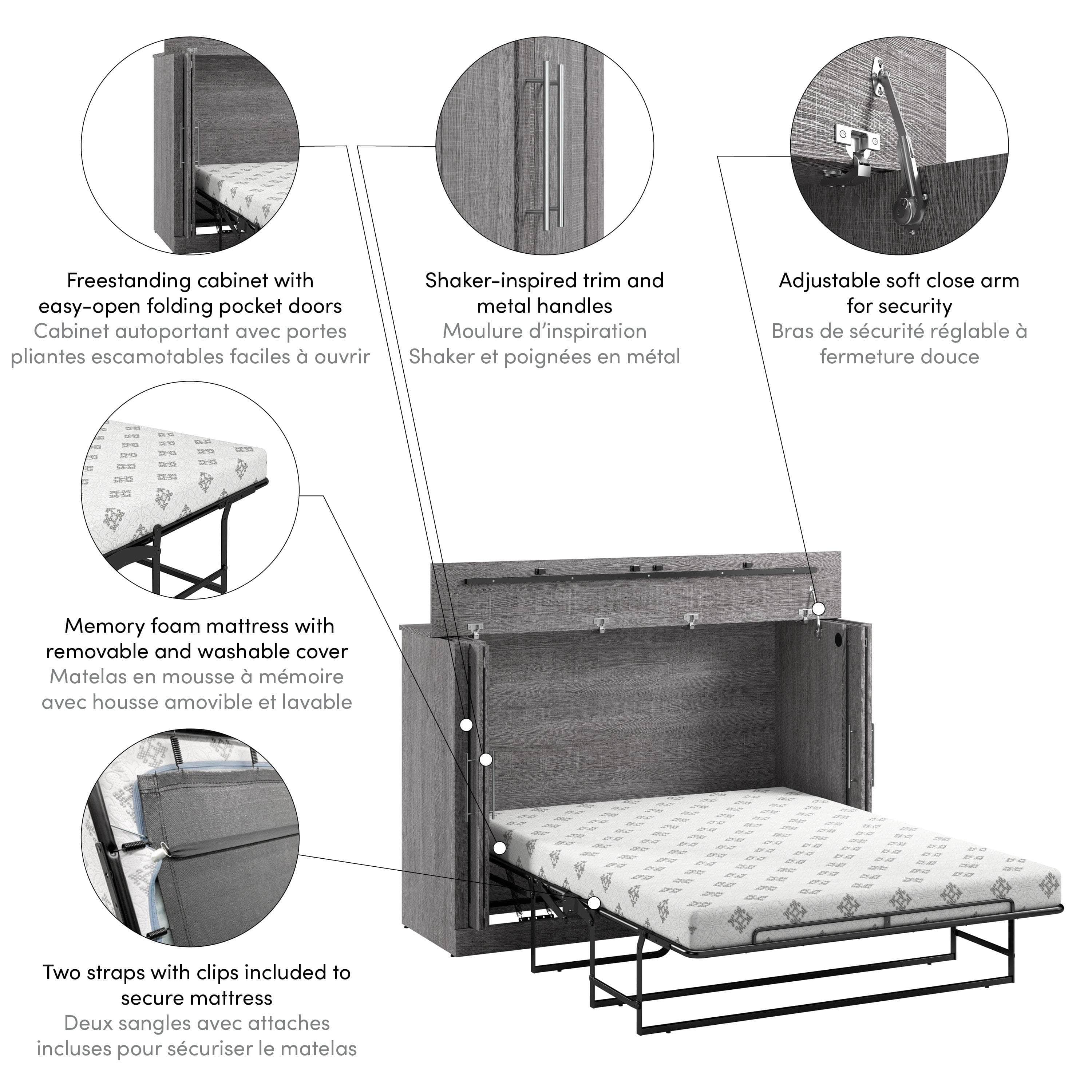 Pur 69W Full Cabinet Bed with Mattress - 3 Color Options | Space-Saving Storage Bed for Small Rooms & Apartments | Modern Platform Bed Frame with Built-in Drawers