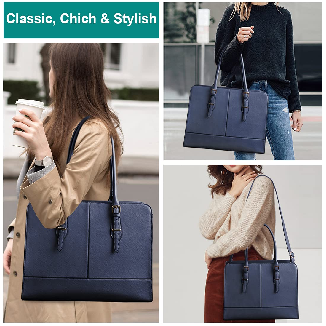 Premium Leather Laptop Tote Bag for Women - 15.6 Inch Waterproof Business Work Bag with Large Capacity - Professional Office Shoulder Handbag in Blue - Perfect for Commuting, Business Travel & Work Meetings