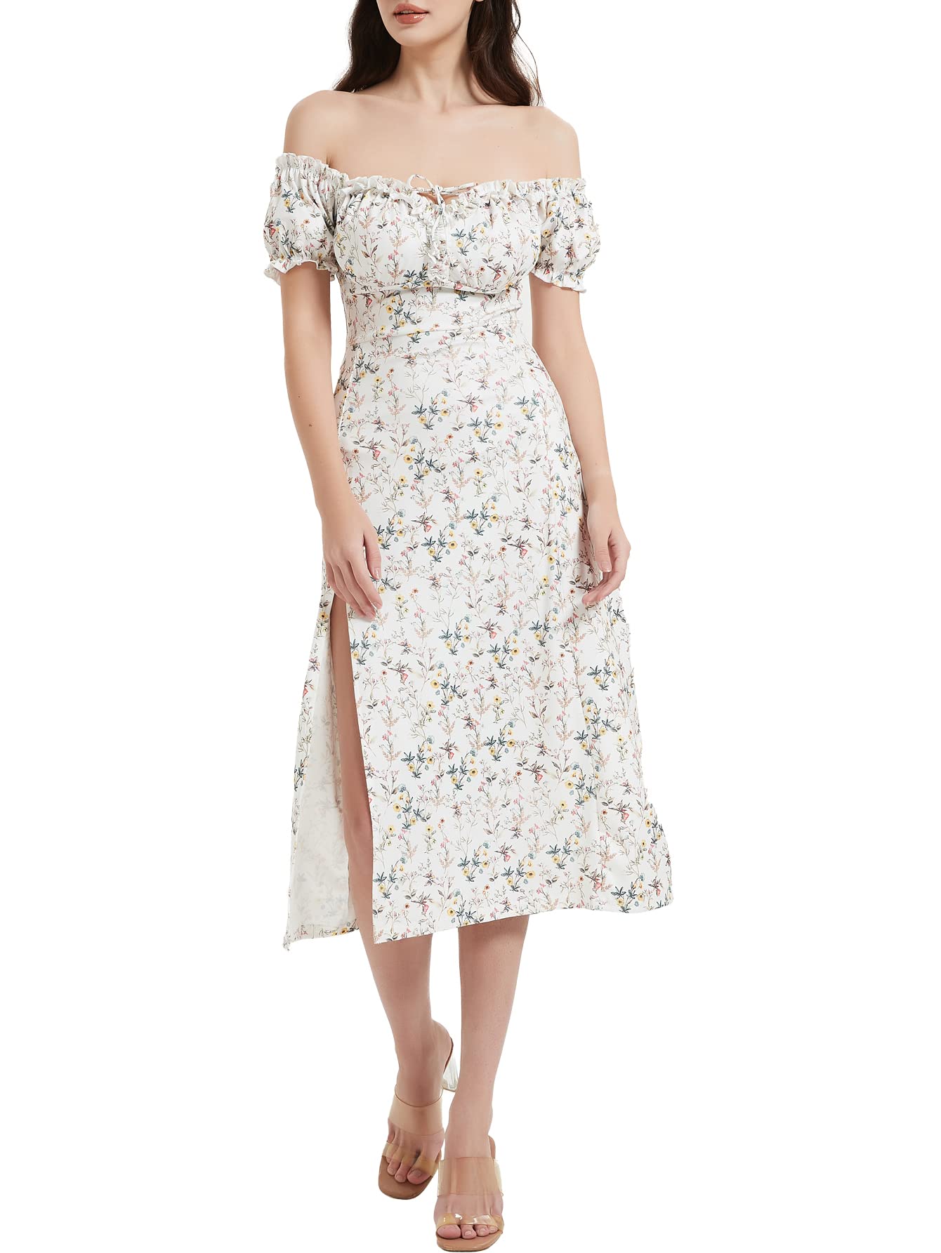 Floral Midi Dress for Women - Off Shoulder Ruffle Puff Sleeve Boho Summer Dress with High Slit & Backless Design | Perfect for Wedding Guest, Beach Party, Date Night & Special Occasions