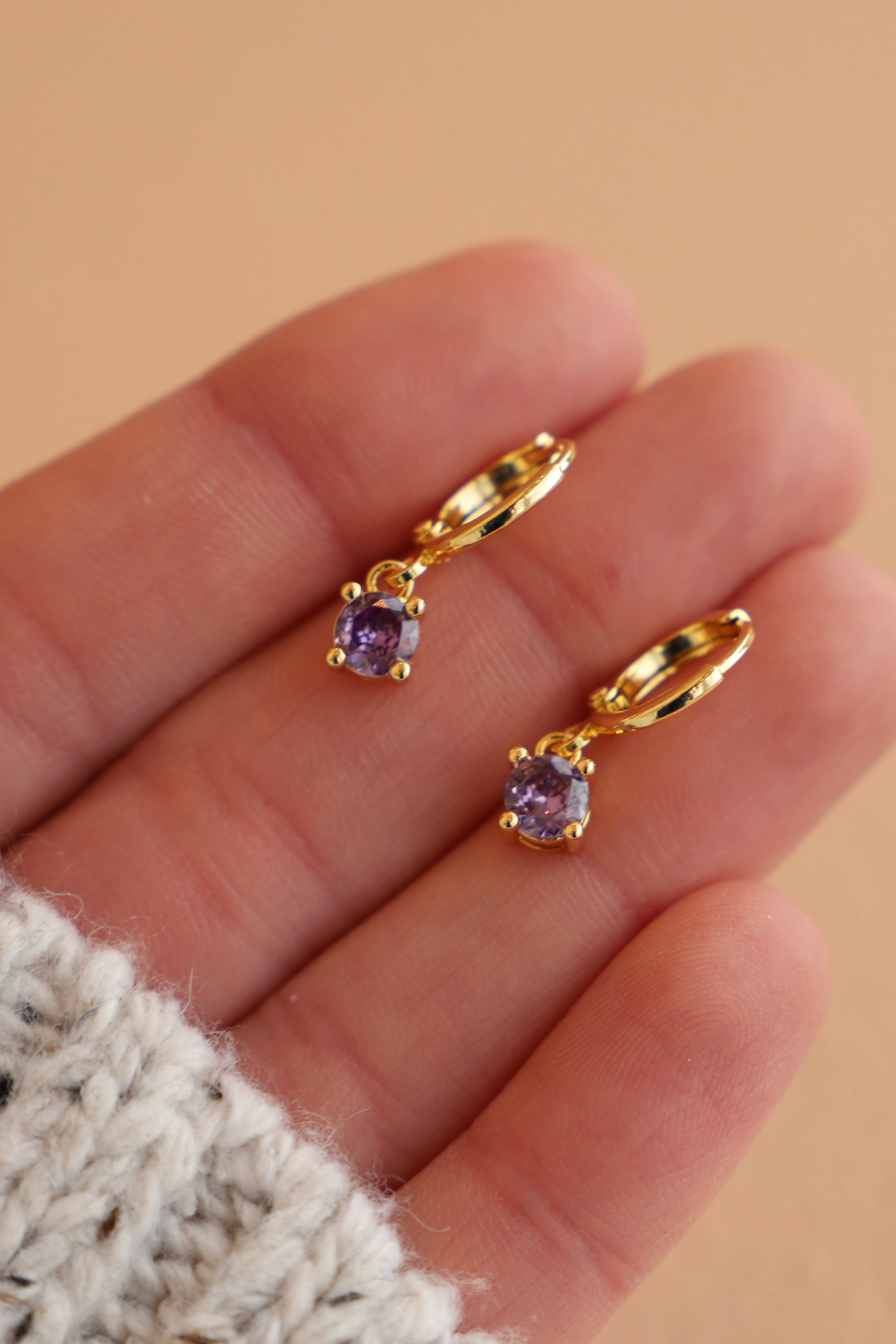 Amethyst CZ Round Huggie Earrings – Elegant Purple Gemstone Hoops for Women, Perfect for Parties & Everyday Wear