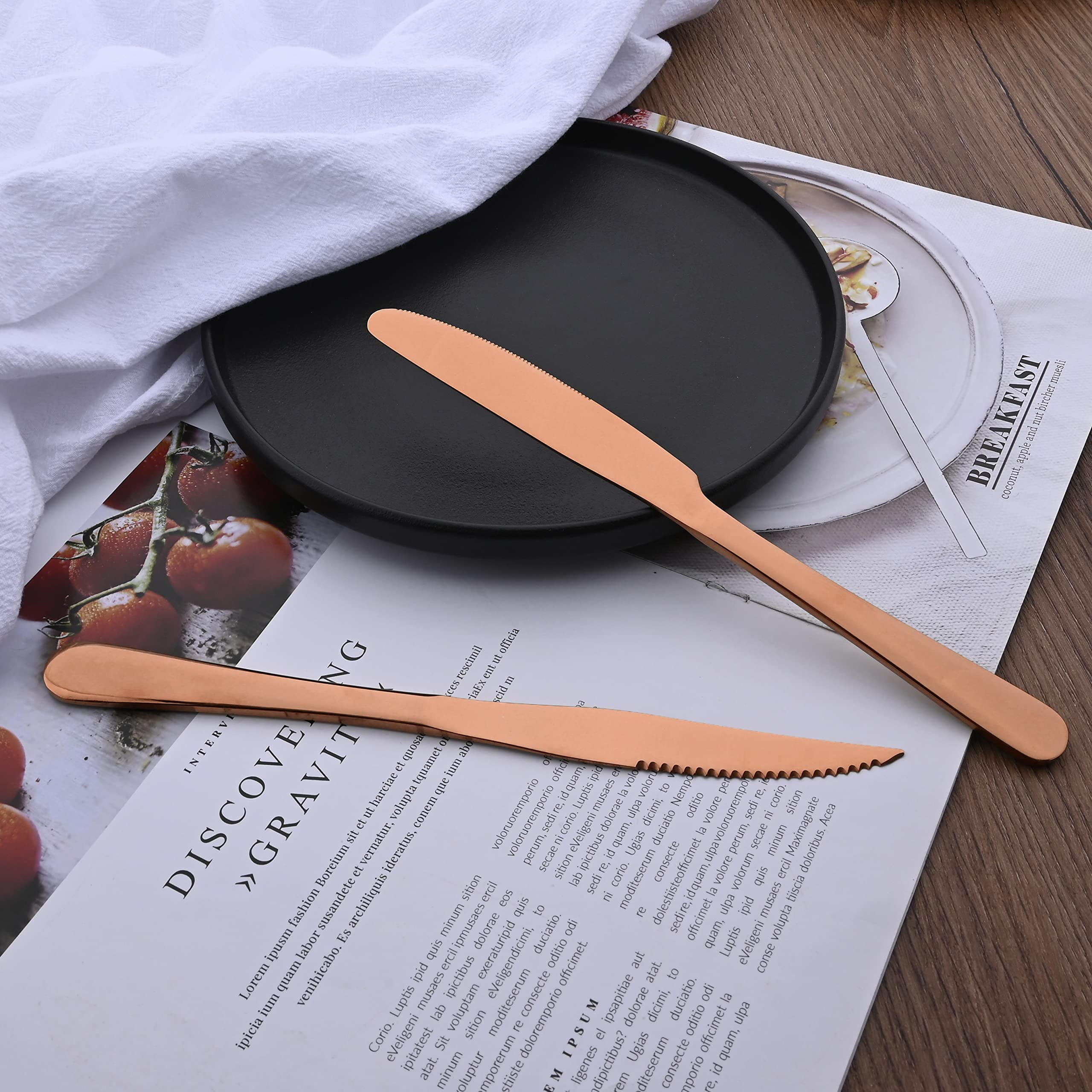Premium Rose Gold Steak Knives Set of 10 - Mirror Polished Stainless Steel Kitchen Cutlery with Straight & Serrated Edges - Dishwasher Safe Dinner Knives for Steak, Dessert & Fine Dining