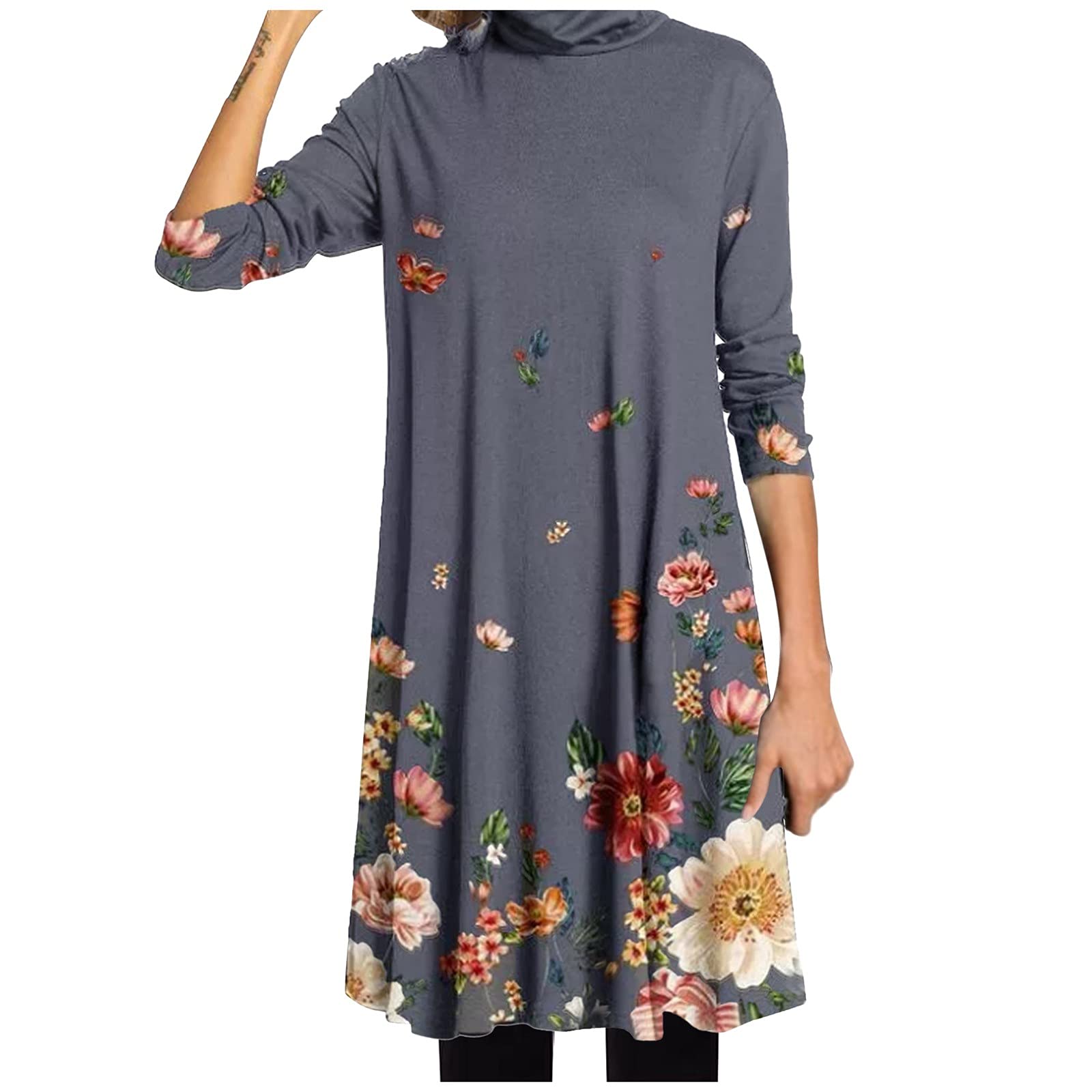 Women's Casual Floral Print Long Sleeve Turtleneck Loose Dress - Elegant Red Fashion for Everyday Wear, Office, Date Night & Special Occasions