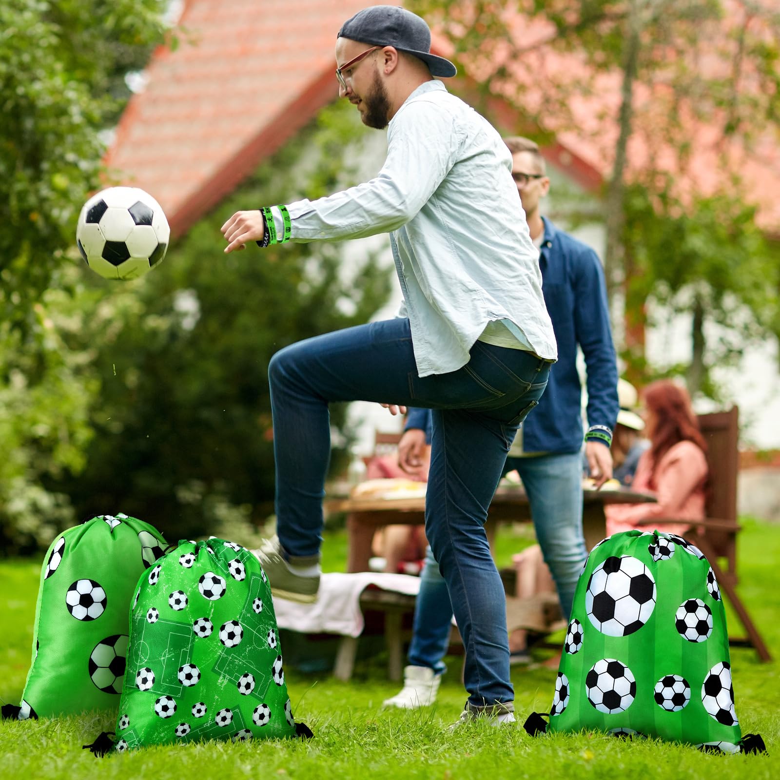 32 Pcs Soccer Party Favors Set - 16 Drawstring Goodie Bags & 16 Silicone Wristbands for Kids Birthday Party Supplies | Perfect for Soccer Themed Birthday Parties, Team Celebrations and Sports Events Gifts