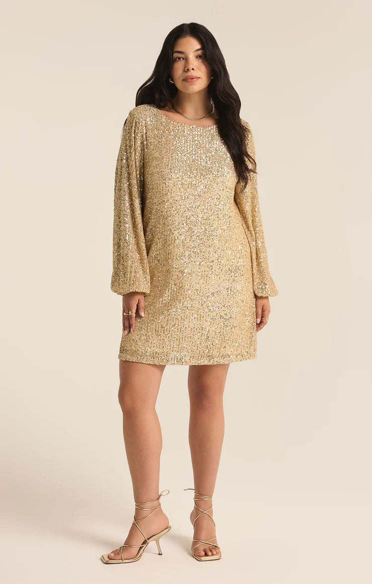 Z Supply Andromeda Champagne Sequin Mini Dress - Sparkly Party Dress for Women, Night Out, Wedding Guest, Holiday Celebration