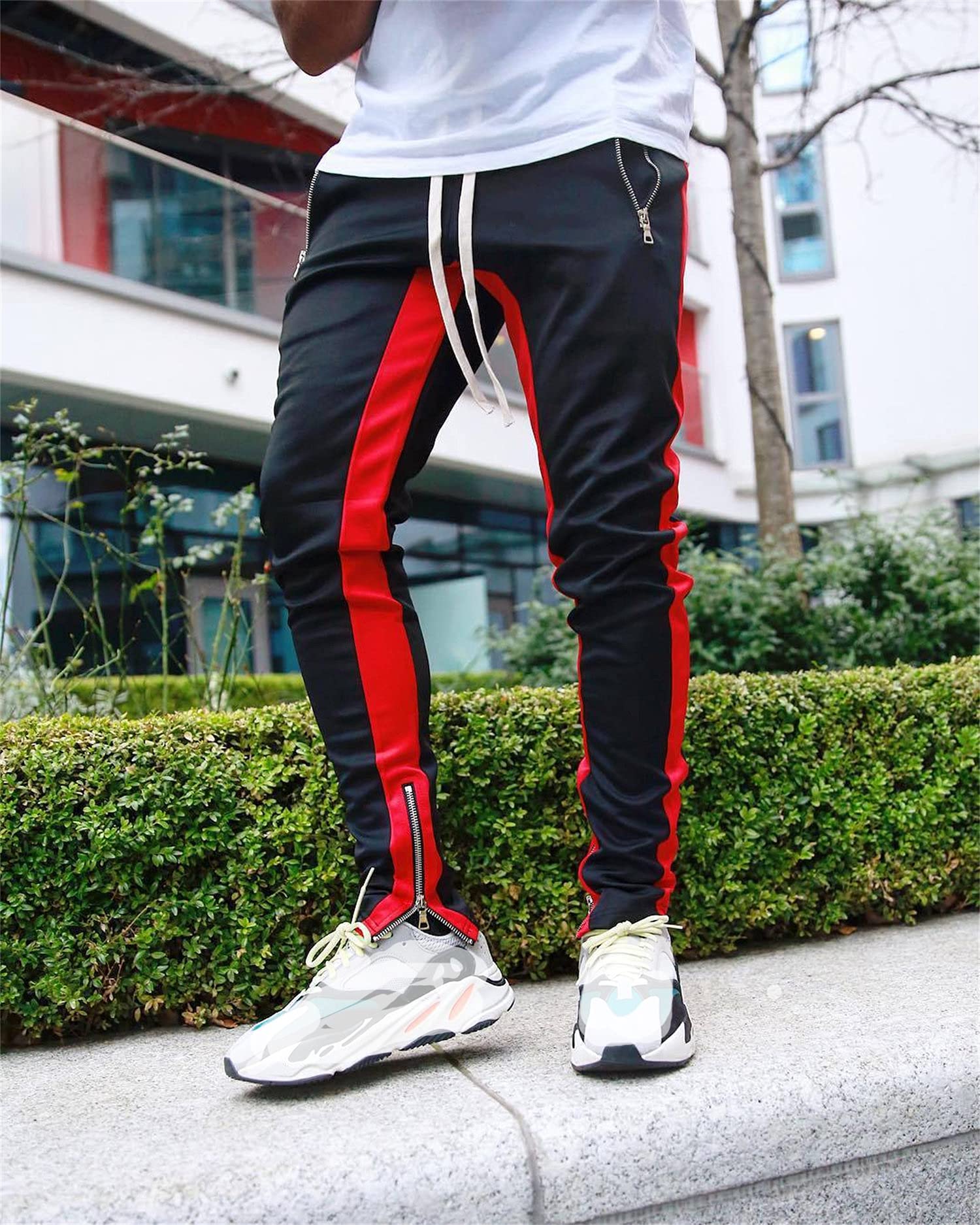 Men's Skinny Stripe Elastic Jogger Sweatpants - Slim Fit Tapered Track Pants with Drawstring Waist & Zipper Pockets (Black, Large) | Casual Workout, Lounge & Streetwear Style