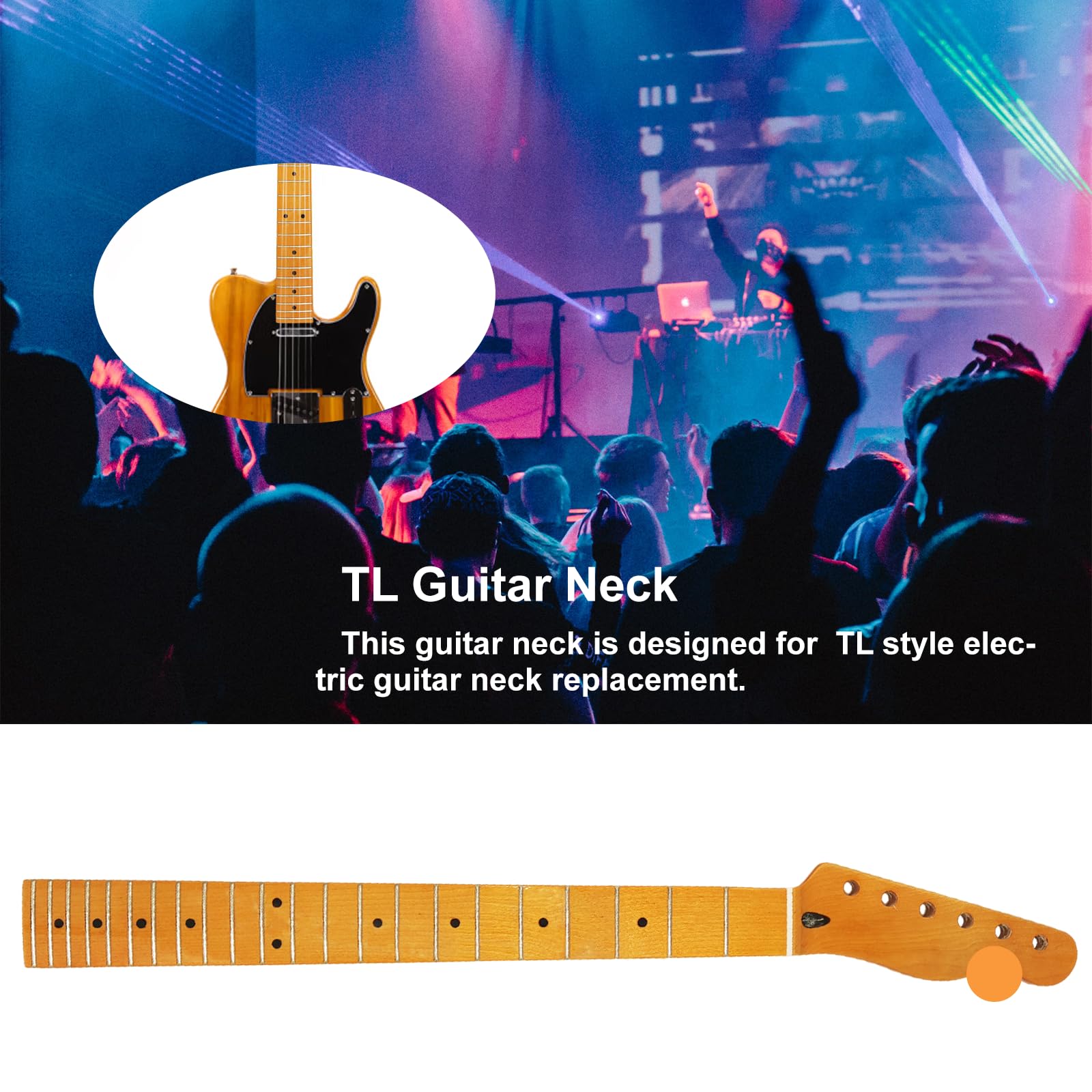 22 Fret TL Canadian Maple Electric Guitar Neck - Bright Yellow Finish, 14