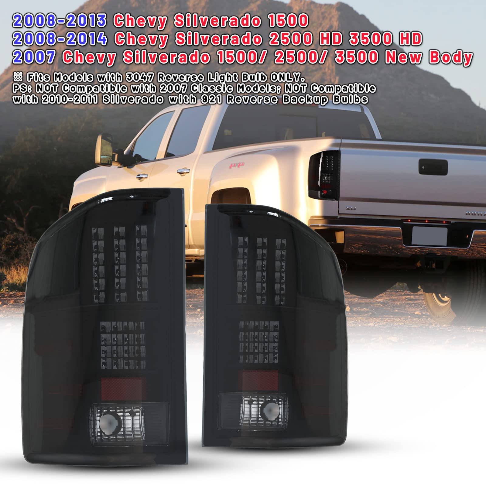 2007-2014 Chevy Silverado 1500/2500 HD/3500 HD LED Tail Lights - Replacement Taillamp Assembly for Chevrolet Pickup Trucks - Enhanced Visibility & Style Upgrade for Night Driving & Off-Road Adventures
