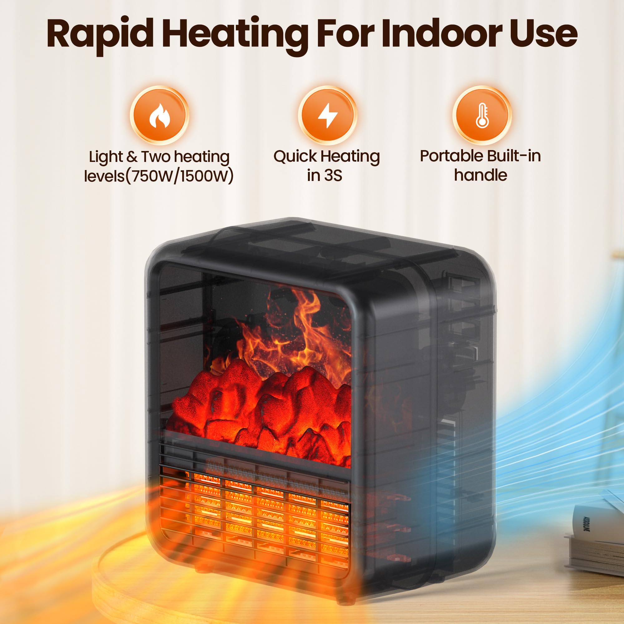 Small Portable Space Heater with Realistic 3D Flame - 1500W/750W PTC Ceramic Heater, Thermostat & Tip-Over Protection - Mini Electric Fireplace for Bedroom, Office & Indoor Use - Black