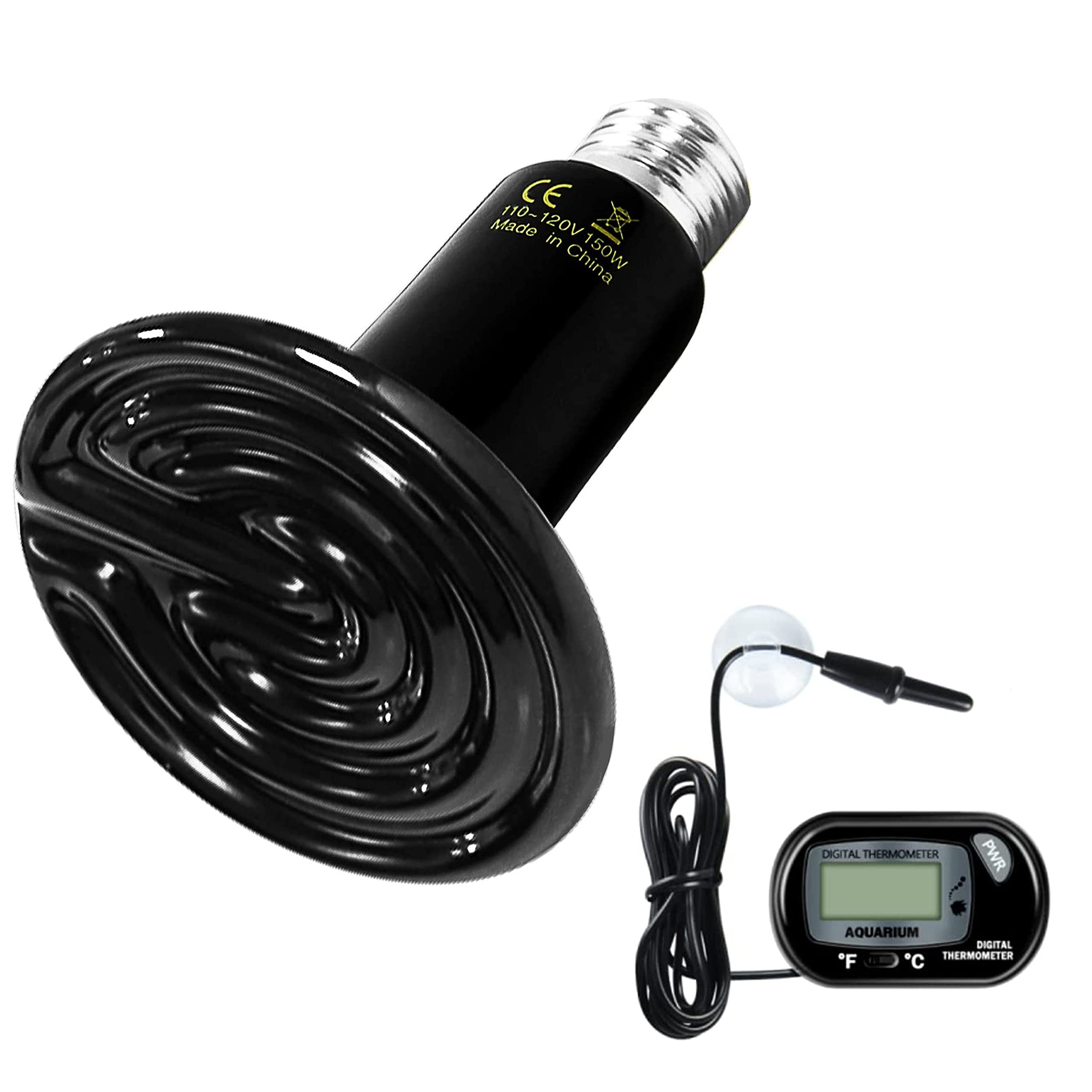150W Ceramic Heat Emitter Bulb for Reptiles - No Light Reptile Heat Lamp with Free Digital Thermometer - Ideal for Turtles, Lizards, Snakes, Chicken Coops & Aquarium Tanks - Perfect for Terrariums, Brooders & Pet Habitats