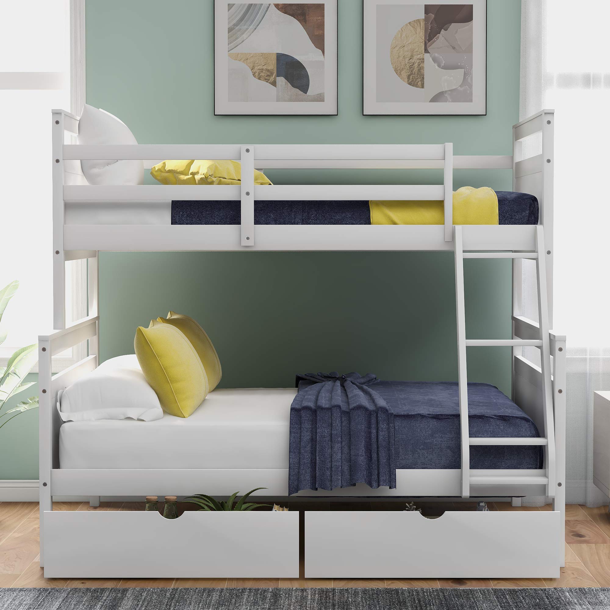 Twin Over Full Loft Bed with Ladder - Sturdy Wooden Bunk Bed with 2 Storage Drawers & Safety Guardrail - White Space-Saving Kids Bedroom Furniture for Small Rooms & Dorm Rooms