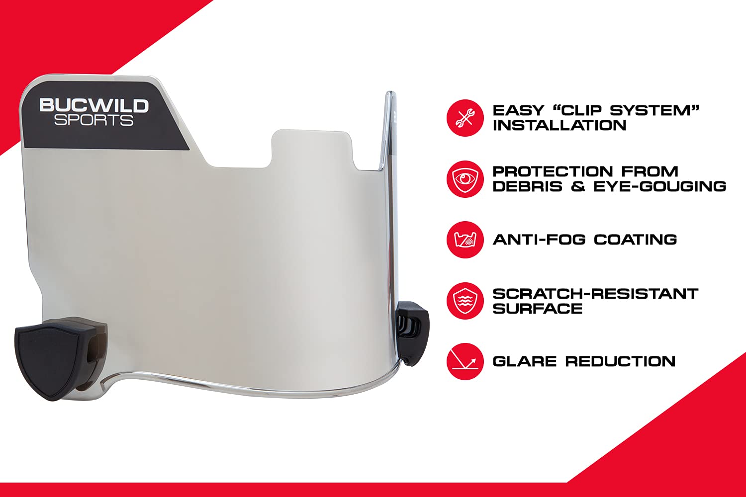 Bucwild Sports Football Visor Helmet Facemask Shield for Youth & Adults - Clear, Black, Chrome, Gold, Tinted Blue & Red | Includes Clips, Stickers & Microfiber Cloth Bag | Perfect for Football Games, Training & Outdoor Sports Protection
