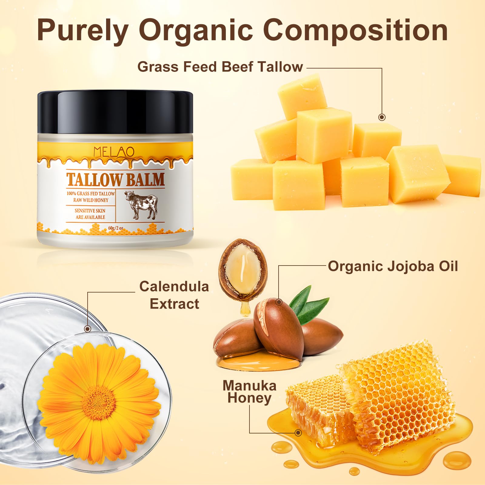 Grass-Fed Beef Tallow & Manuka Honey Moisturizing Balm - Organic Unscented Whipped Skin Cream with Beeswax & Olive Oil for Face & Body - Fast Absorbing, Deep Hydration (2 oz) - Perfect for Dry Skin, Eczema & Nighttime Skincare Routine