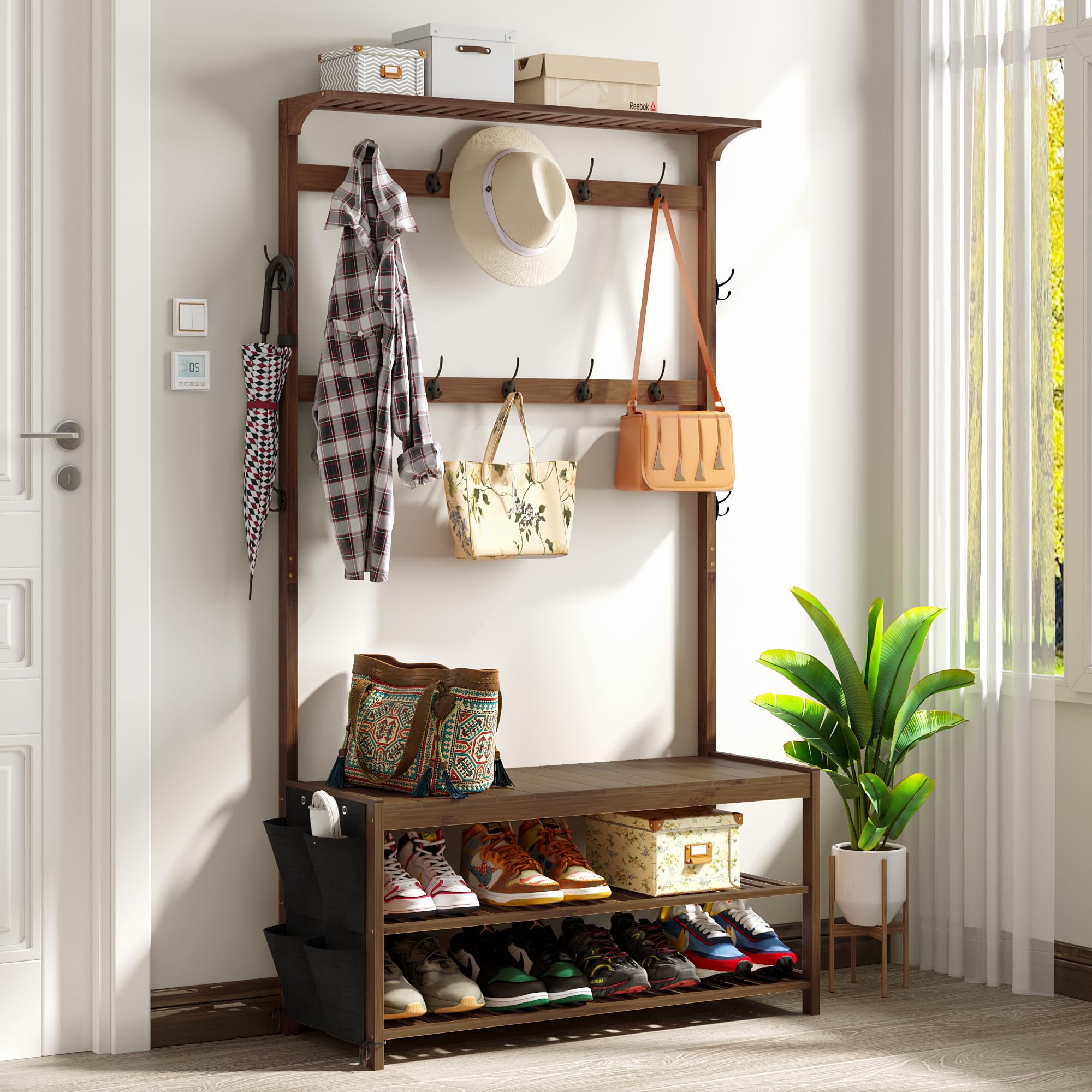 AMBIRD 6-in-1 Hall Tree with Bench, Shoe Storage & Coat Rack - Sturdy Bamboo Entryway Organizer with 14 Hooks & Cloth Bag, Large Size (39