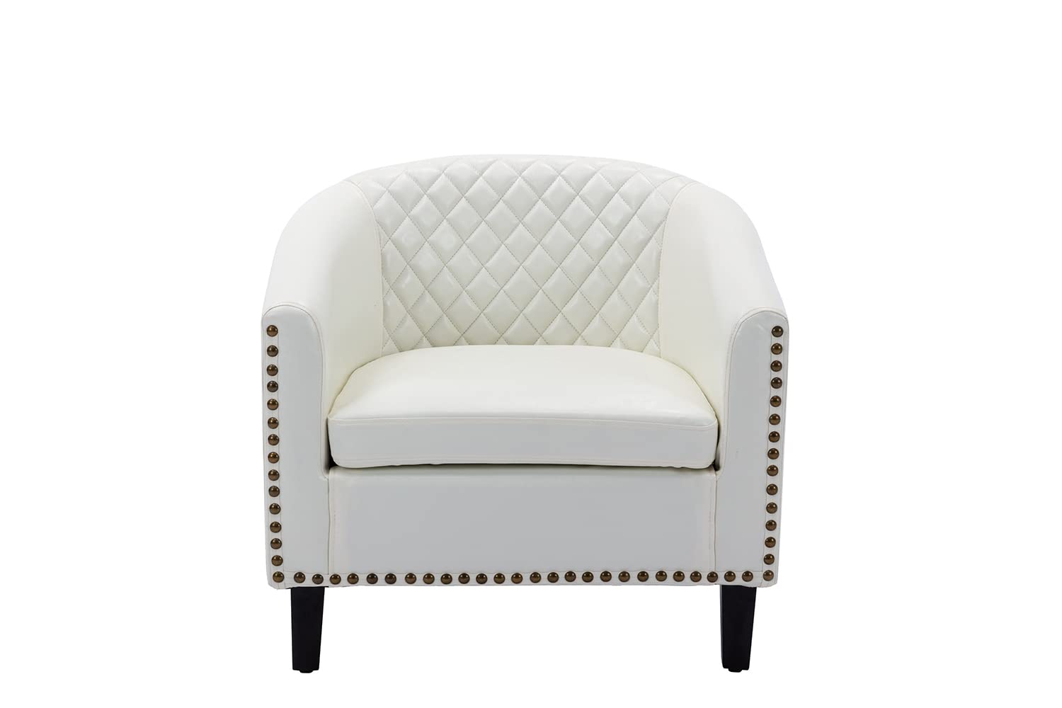 White PU Leather Accent Barrel Chair with Nailhead Trim & Solid Wood Legs - Living Room, Bedroom, or Office Seating Furniture