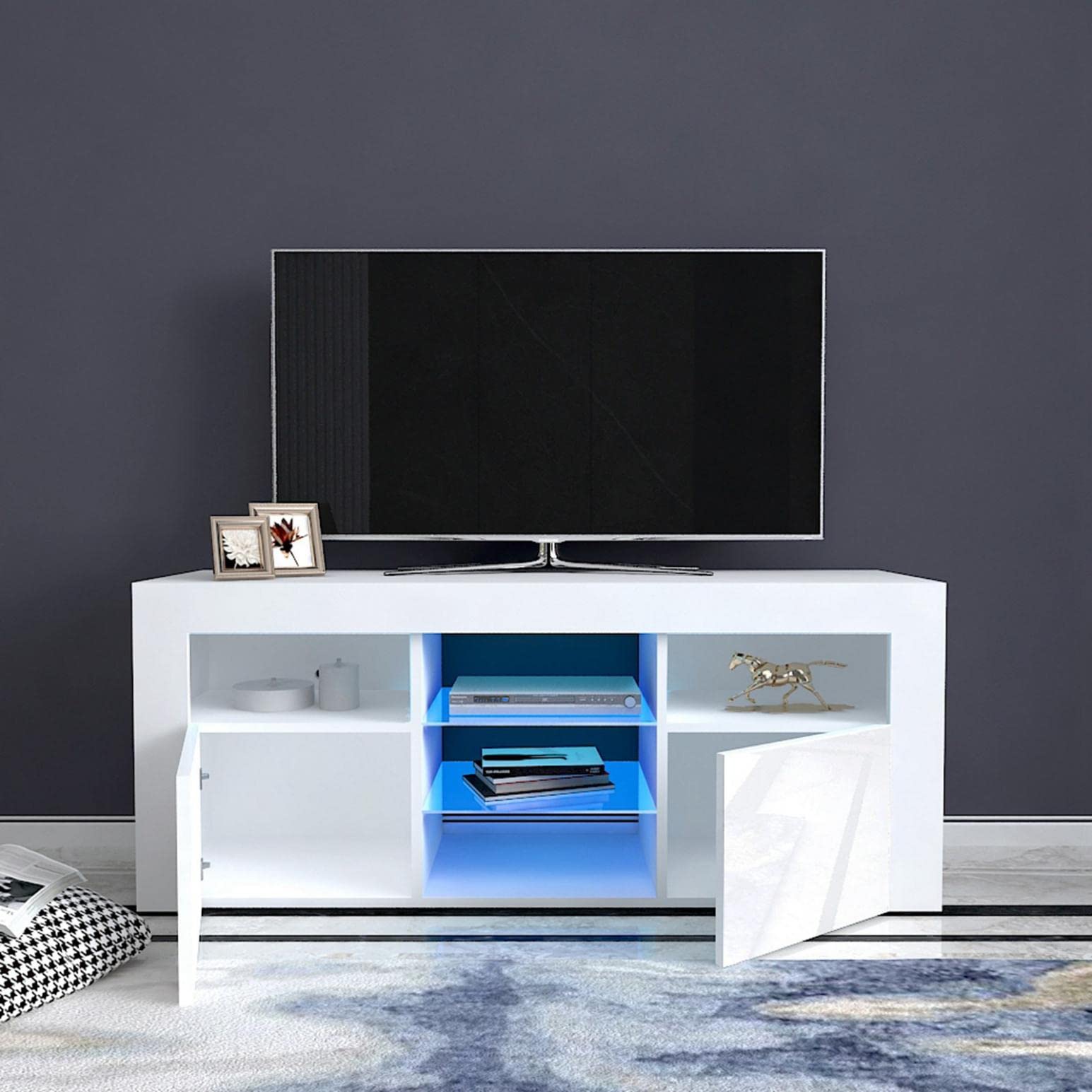 Modern TV Stand for 55-60 Inch TVs with RGB LED Lights, 2 Drawers & Open Shelves - High Glossy Mid Century Media Console for Bedroom, Living Room - Perfect for Gaming Setup & Home Entertainment Center