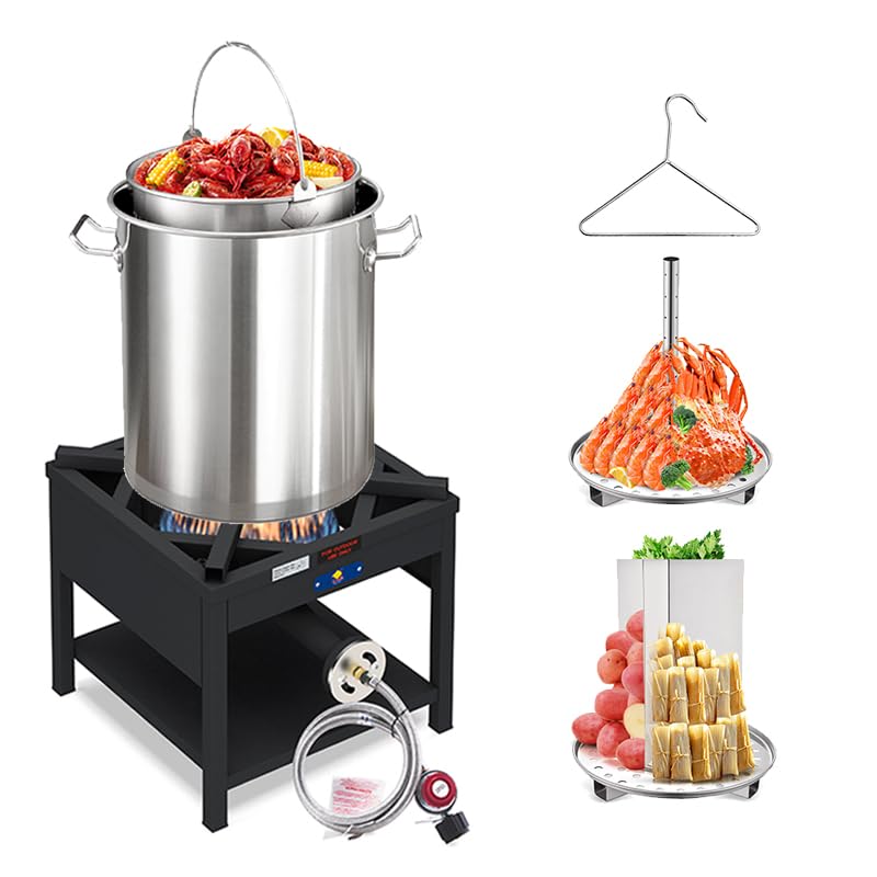 ARC 40QT Stainless Steel Seafood Boiling Kit with 200,000 BTU Propane Burner - Includes Crawfish Boil Pot, Basket & Steamer Rack - Perfect for Outdoor Cooking, Steaming, Turkey Frying, Lobster & Shrimp Boiling - Ideal for Backyard Parties, Camping & Seafood Feasts