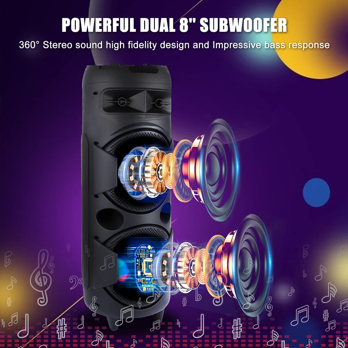 TWS Karaoke PA System with Wired Microphone & Wireless Bluetooth Speaker - Portable Dual 8'' DJ Speaker with Remote, FM Radio & Party Lights for Home Karaoke, Outdoor Events, and Live Performances