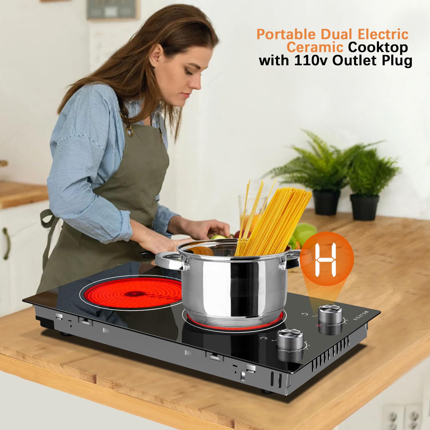 Noxton 110V Electric Cooktop with 2 Burners - 12 Inch Plug-in Ceramic Stovetop, 9 Power Levels & Knob Control for Built-in or Countertop Use | Perfect for Elderly, Small Kitchens, Apartments & RVs
