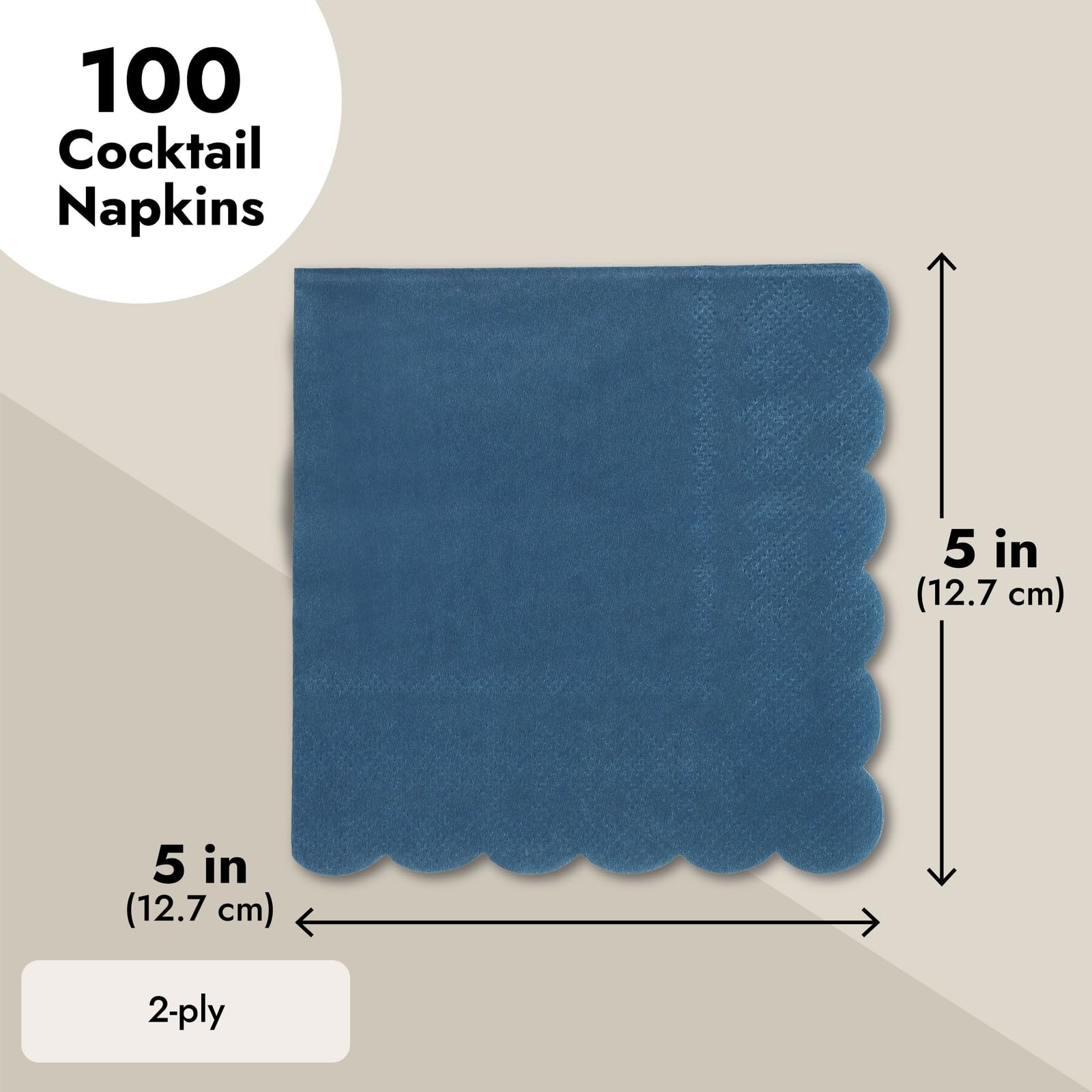 Juvale 100-Pack Navy Blue Disposable Paper Napkins, 5x5 Inch Scalloped Cocktail Napkins for Parties, Weddings, Bars & Events - Elegant & Absorbent Dinnerware Accessories