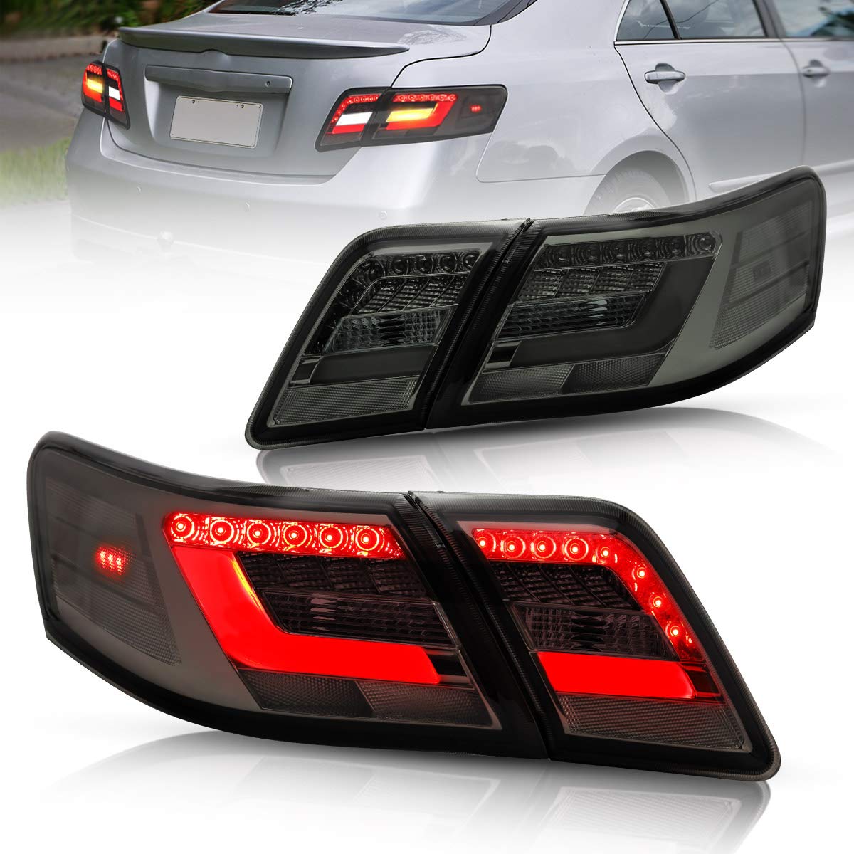 VLAND LED Tail Lights for Toyota Camry 2007-2011 - 3D Light Bar Design, Smoke Lens (Excludes LE & Hybrid Models) | Direct Replacement for Factory LED Rear Lights | Perfect for Night Driving & Car Customization