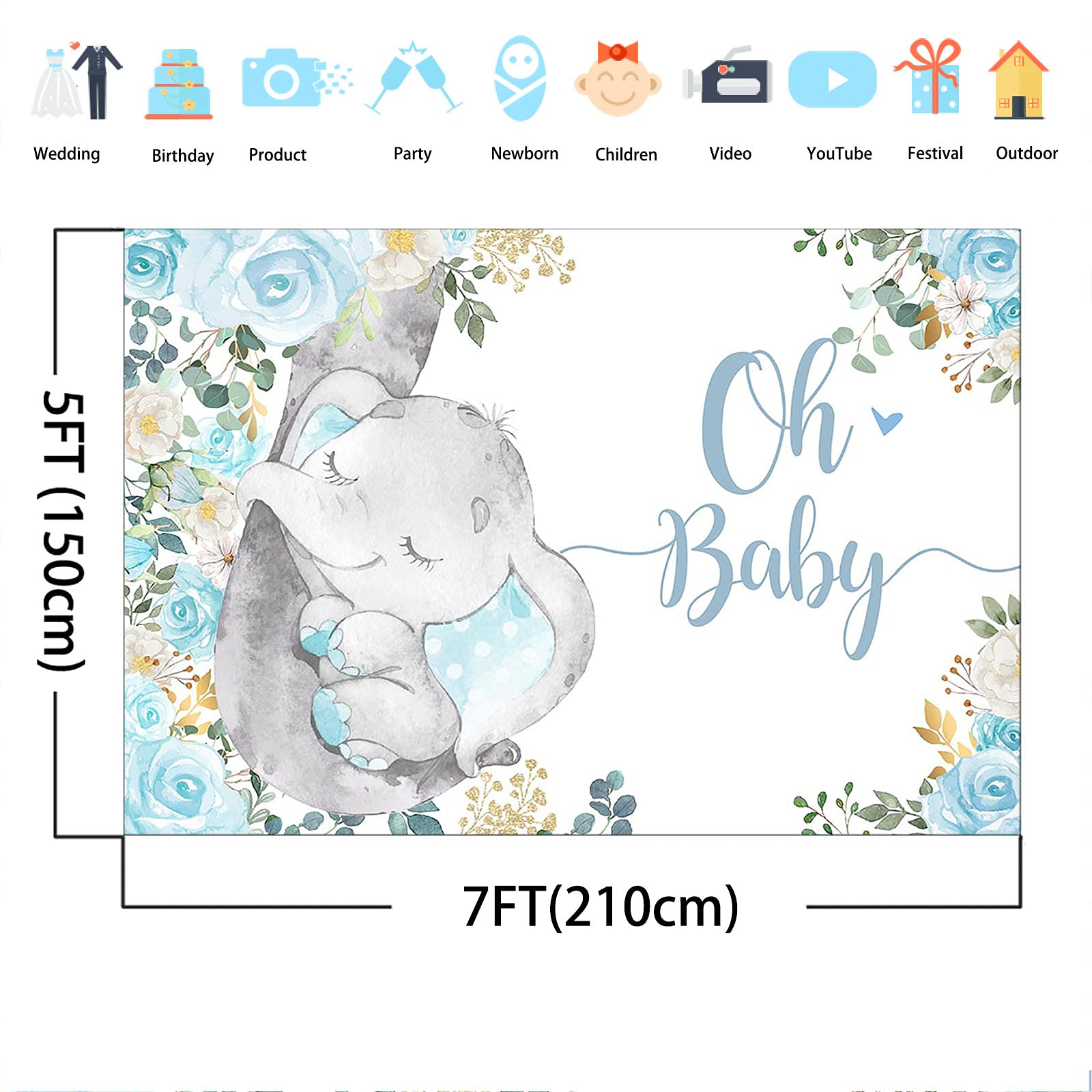 Avezano Little Elephant Baby Shower Backdrop - Oh Baby Blue Elephant Theme Decor with Flowers, 7x5 ft Banner for Boys & Girls Nursery, Birthday Party, Gender Reveal Decorations