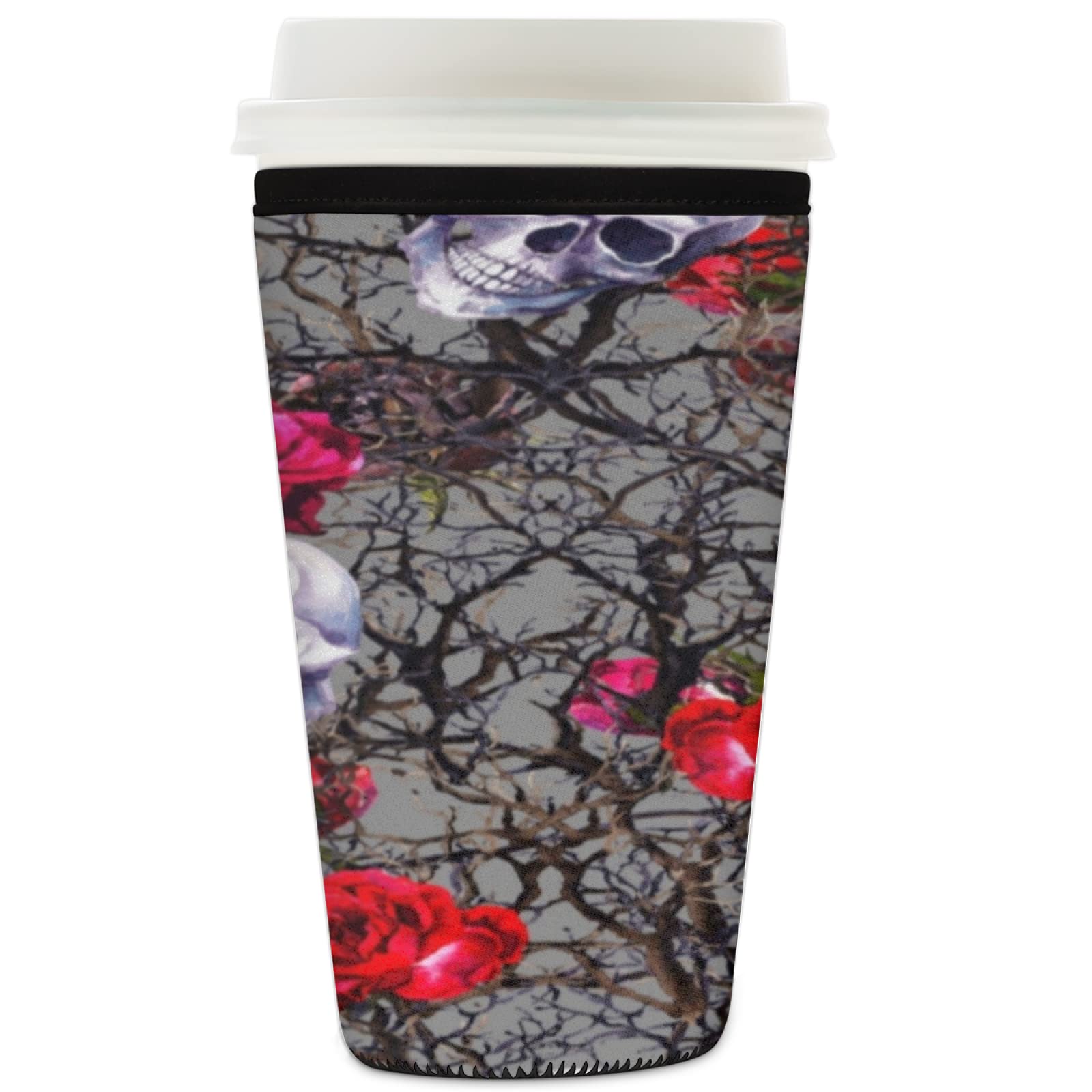 Reusable Neoprene Coffee Sleeve - Sugar Skull Floral Design for 16-18oz Iced Coffee, Tea & Cold Drinks | Day of The Dead Insulator Cup Holder for Latte, Soda & Beverages | Perfect for Cafés, Office & Travel
