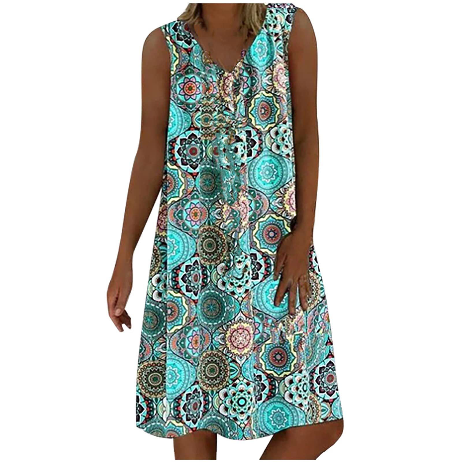 Miximx Women's Summer Boho Floral Dress - V Neck Sleeveless Casual Tunic Dress with Loose Fit | Perfect for Beach Vacations, Date Nights & Summer Parties