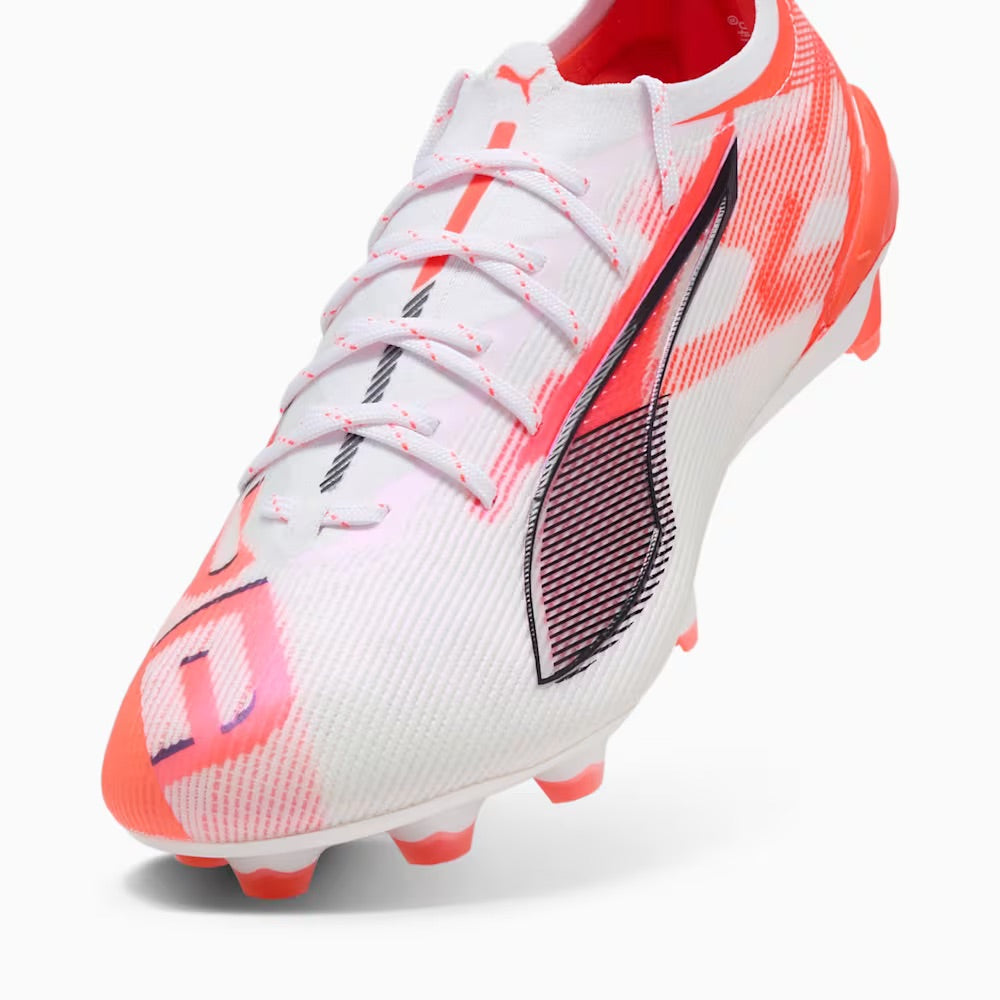 Puma Ultra 5 Ultimate FG Football Cleats - White/Black/Glowing Red - Lightweight Soccer Shoes for Men - Perfect for Turf Matches & Training Sessions