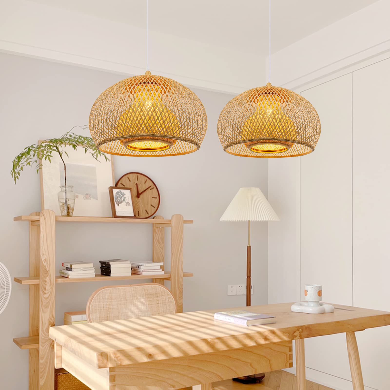 Handwoven Bamboo Pendant Light Fixture - Natural Wood Chandelier with Wicker Lampshade, 17.7x11.8 Inch Hanging Lamp for Bedroom, Living Room & Dining Room Decor - Perfect for Boho, Farmhouse and Coastal Style Interiors
