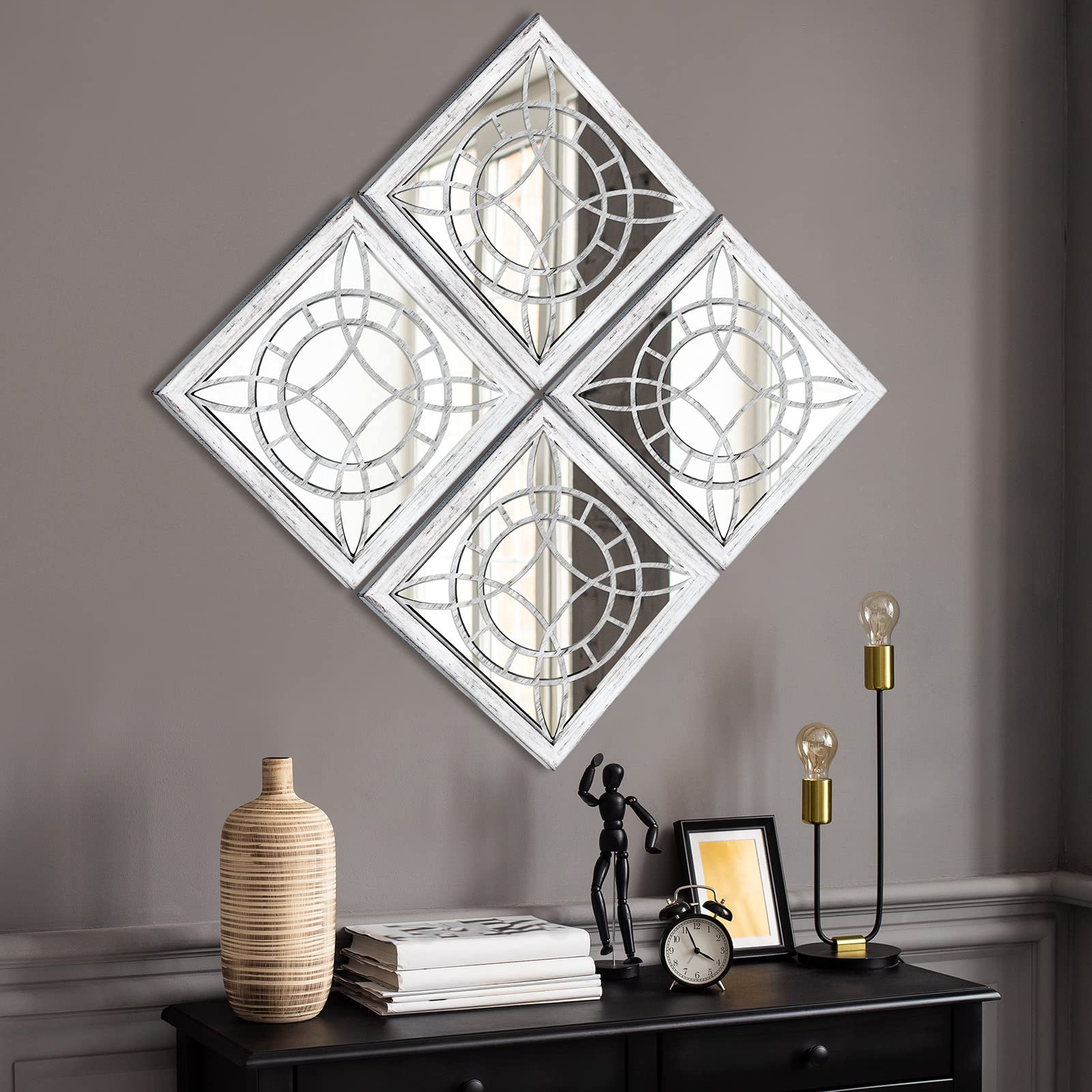 Square Mirror Wall Decor 4PCS - Farmhouse Entryway Mirrors for Living Room, Kitchen & Bathroom (12”x12”)