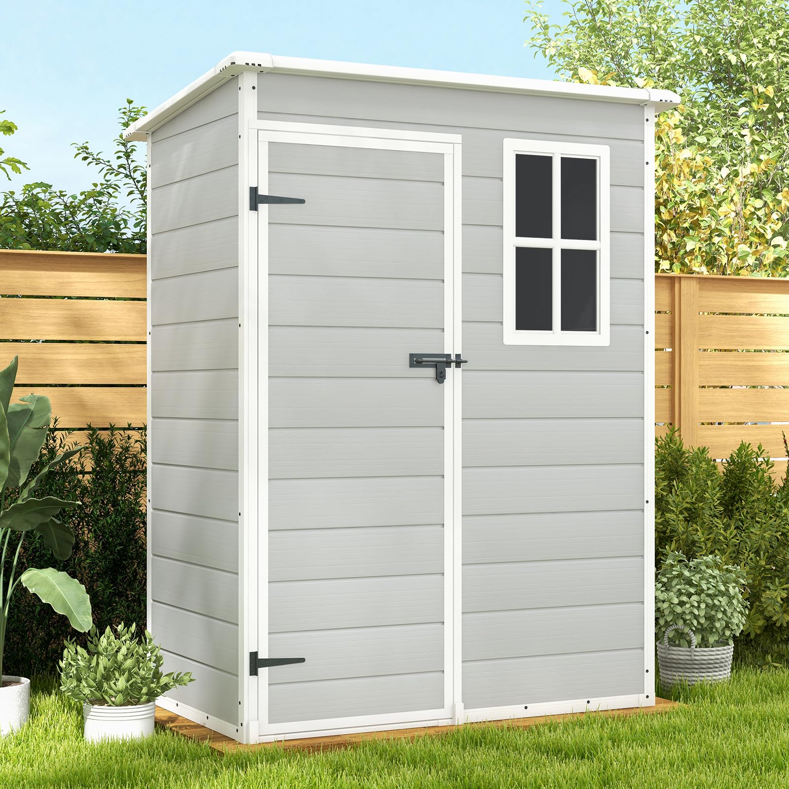 Patiowell 5x3 FT Resin Outdoor Storage Shed - Waterproof Garden Shed for Patio Furniture, Lawn Mower, Bikes & Beach Chairs | Heavy-Duty Grey & White Utility Shed for Backyard, Garage & Poolside Storage