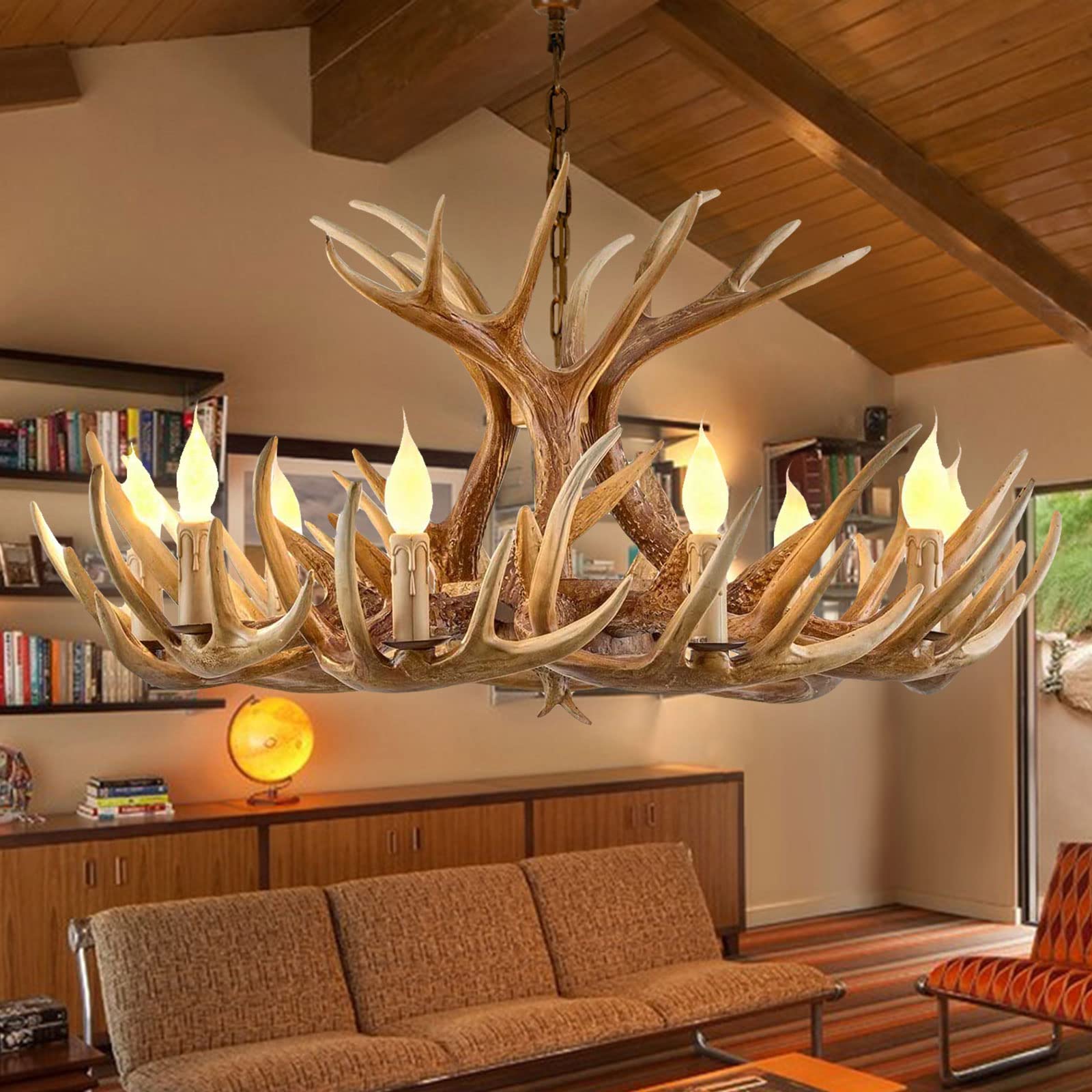 Vintage Resin Antler Chandelier Lighting - Large Deer Horn Pendant Lamp with E12 Bulbs (9 Lights) - American Retro Style Home Decor for Cafe, Bar, Living Room, Clothing Store & Rustic Cabin Decor