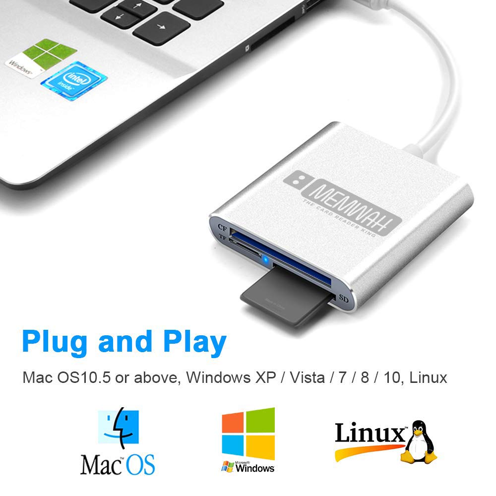 Memwah Aluminum USB 3.0 Multi-Card Reader - 3-in-1 High-Speed Memory Card Adapter for CF/SD/Micro SD - Compatible with MacBook Pro, iMac, Windows PC & Laptops - Perfect for Photographers, Videographers & Data Transfer