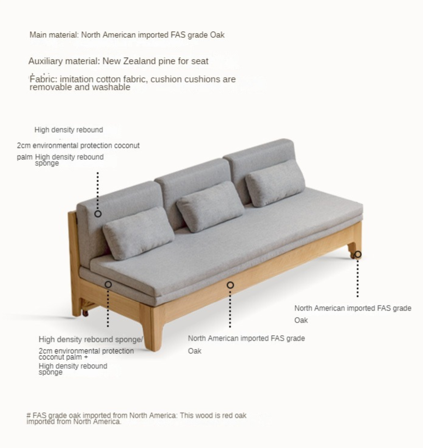 Oak Solid Wood Sleeper Sofa - Convertible Sofa Bed for Small Spaces, Guest Room & Living Room | Durable & Stylish Furniture for Home & Office