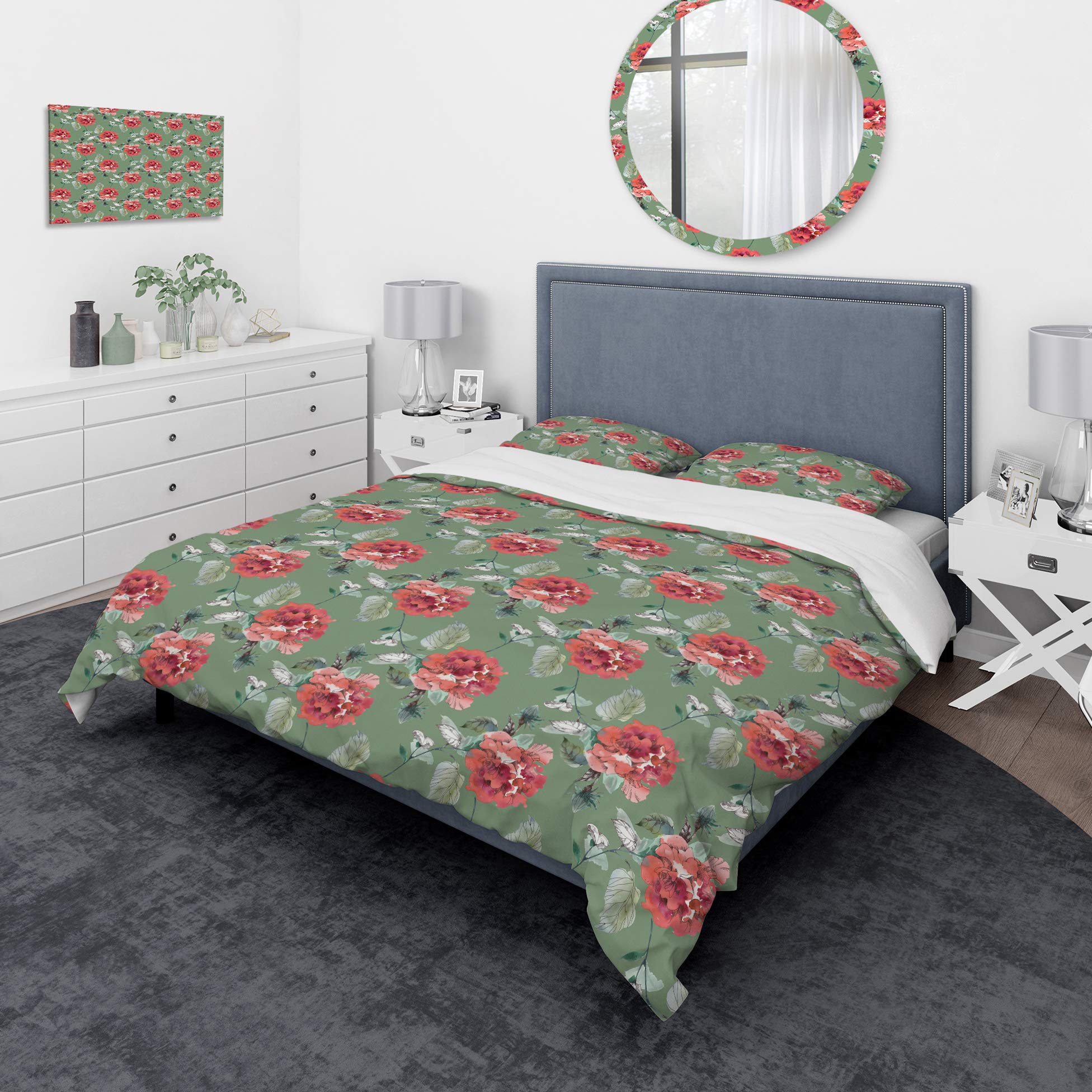 Nautical Floral Duvet Cover Set King - Red Rose & Green Coastal Design for All Seasons