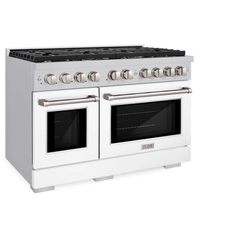 ZLINE 48-Inch 6.7 cu.ft Stainless Steel Double Oven Gas Range with 8-Burner Cooktop & White Matte Doors (SGR WM 48) - Perfect for Large Kitchens & Professional Cooking