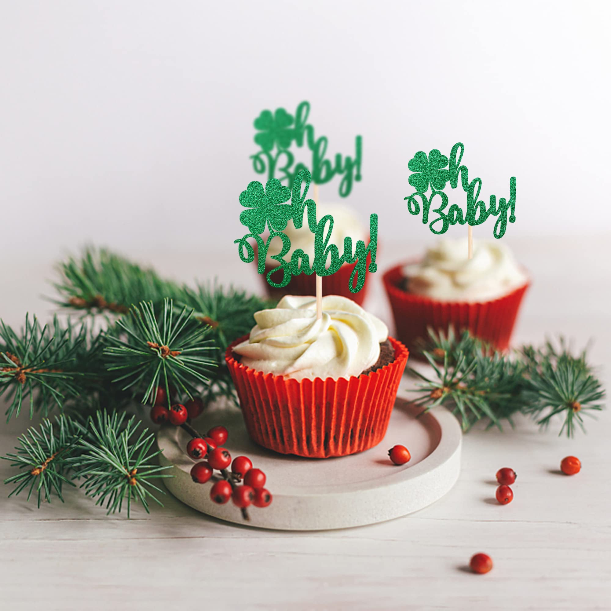 24 PCS St. Patrick's Day Cupcake Toppers - Green Glitter Shamrock & Lucky Four Leaf Clover Decorations for Baby Shower, Birthday Party & Cake Decorating Supplies | Perfect for Irish-Themed Celebrations and Festive Dessert Displays