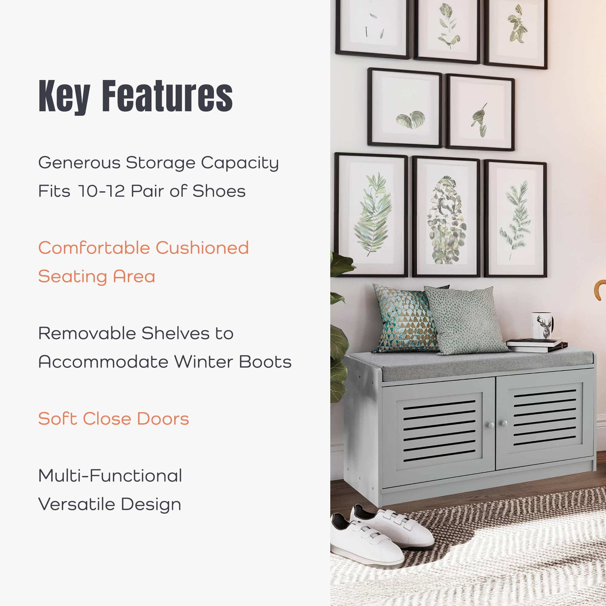 Gray Wooden Shoe Storage Bench with Cushioned Seat & Adjustable Shelves - Entryway Organizer for Hallway, Living Room or Bedroom - Perfect for Small Space Organization & Quick Shoe Access
