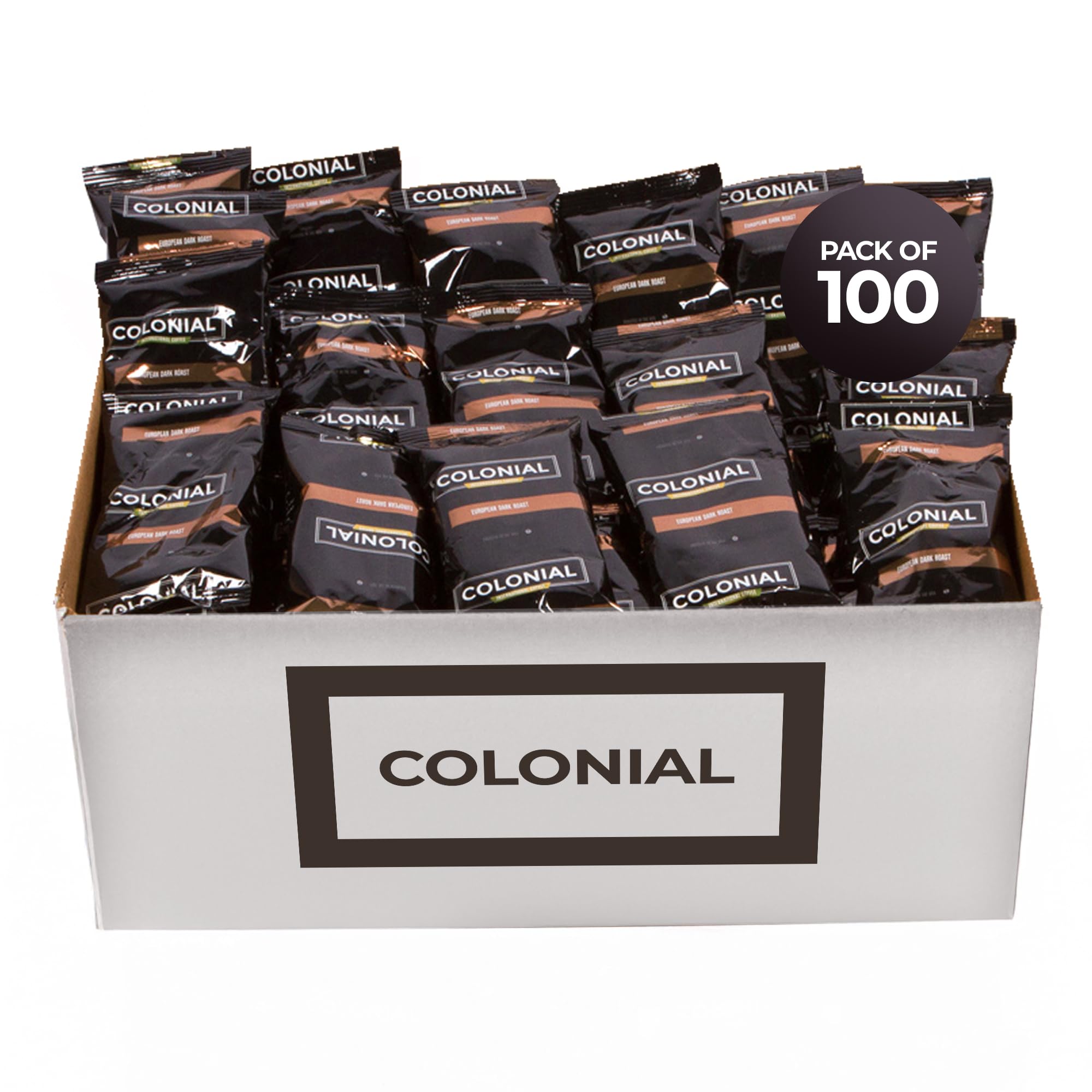Premium Colonial Coffee Packets - 100 Pack of 2.5 oz Pre-Ground European Dark Roast Coffee Bags | Perfect for Offices, Restaurants & Home Brewing