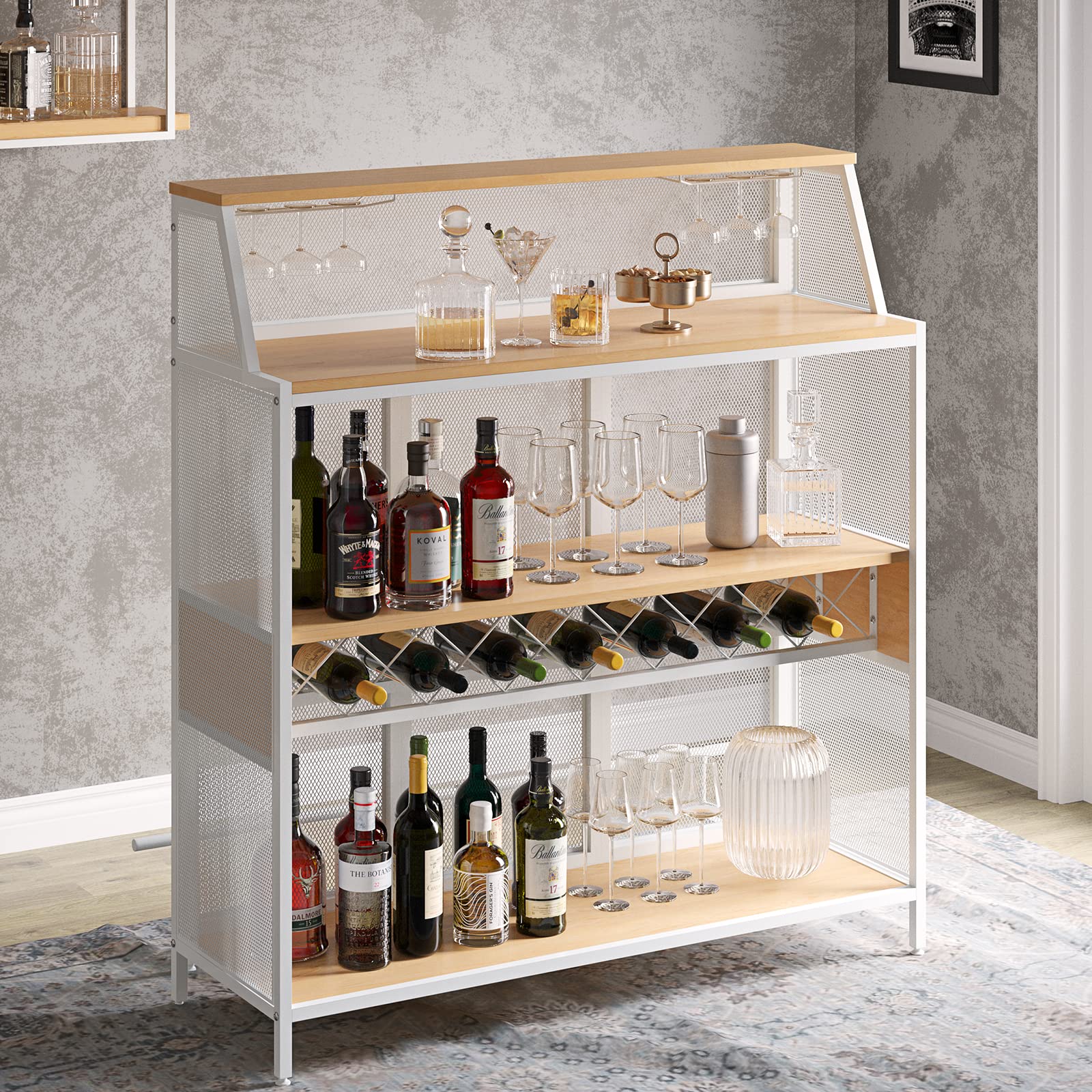 Industrial 4-Tier Home Bar Cabinet with Footrest & Wine Rack - Metal Liquor Storage Shelf for Kitchen, Pub or Living Room - White KFO Buffet Cabinet for Entertaining Guests