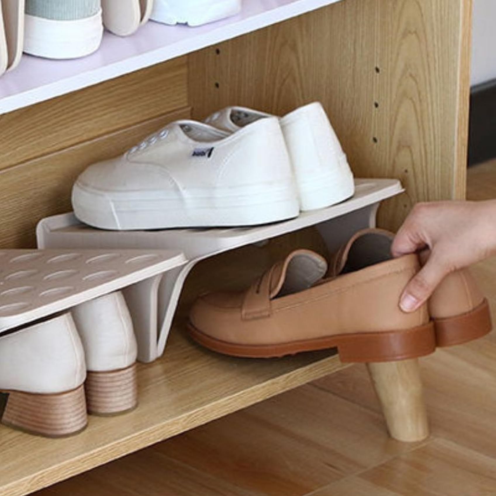 4-Pack Non-Slip Double Layer Shoe Stacker Organizer - Space Saving Plastic Shoe Rack for 8 Pairs of Shoes (Sandals, Heels, Flats, Sneakers) - Perfect for Closet, Bedroom & Entryway Organization