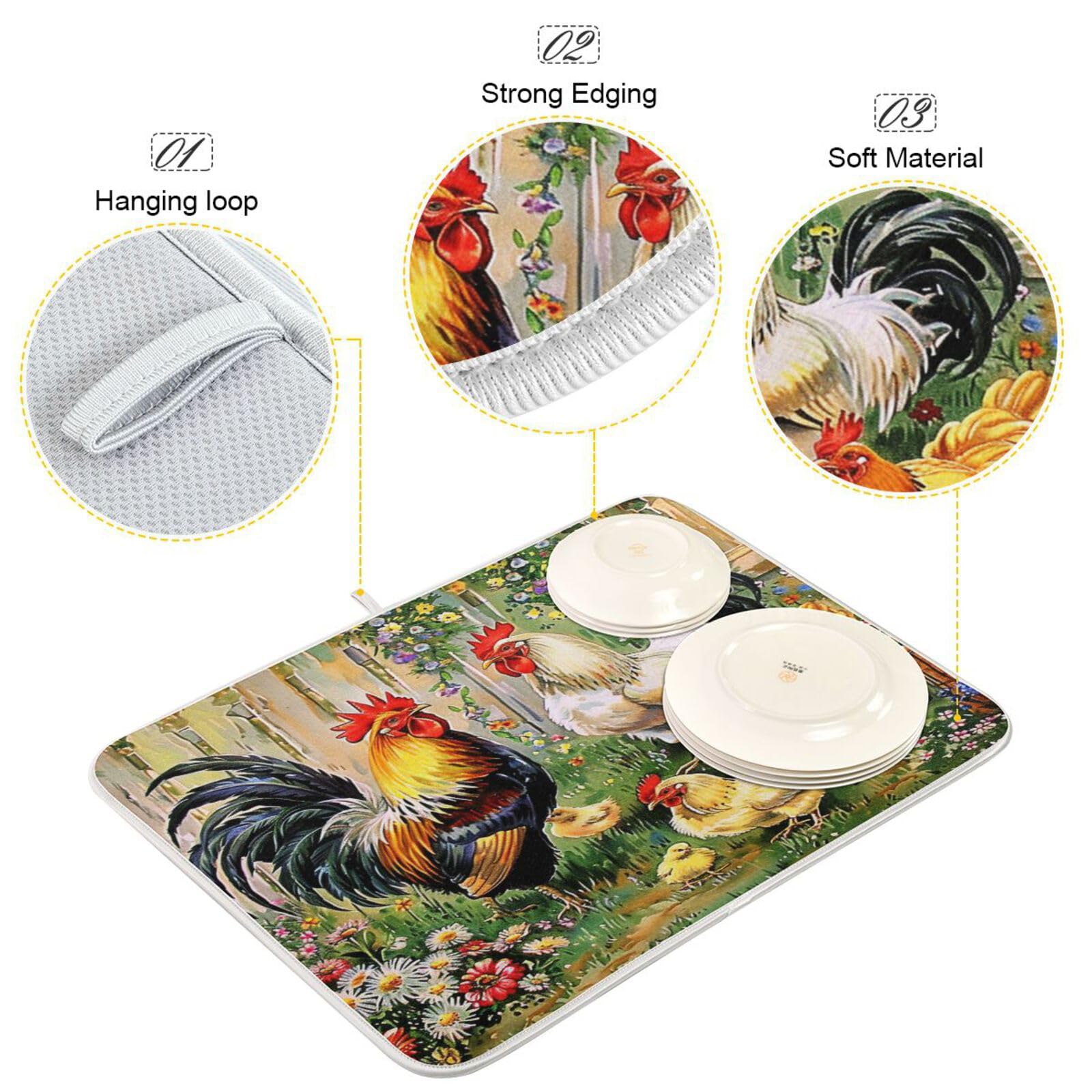 Rooster Floral Dish Drying Mat 18x24 Inch - Farmhouse Chicken Design Absorbent Microfiber Kitchen Counter Protector - Perfect for Drying Dishes, Protecting Countertops & Farmhouse Decor