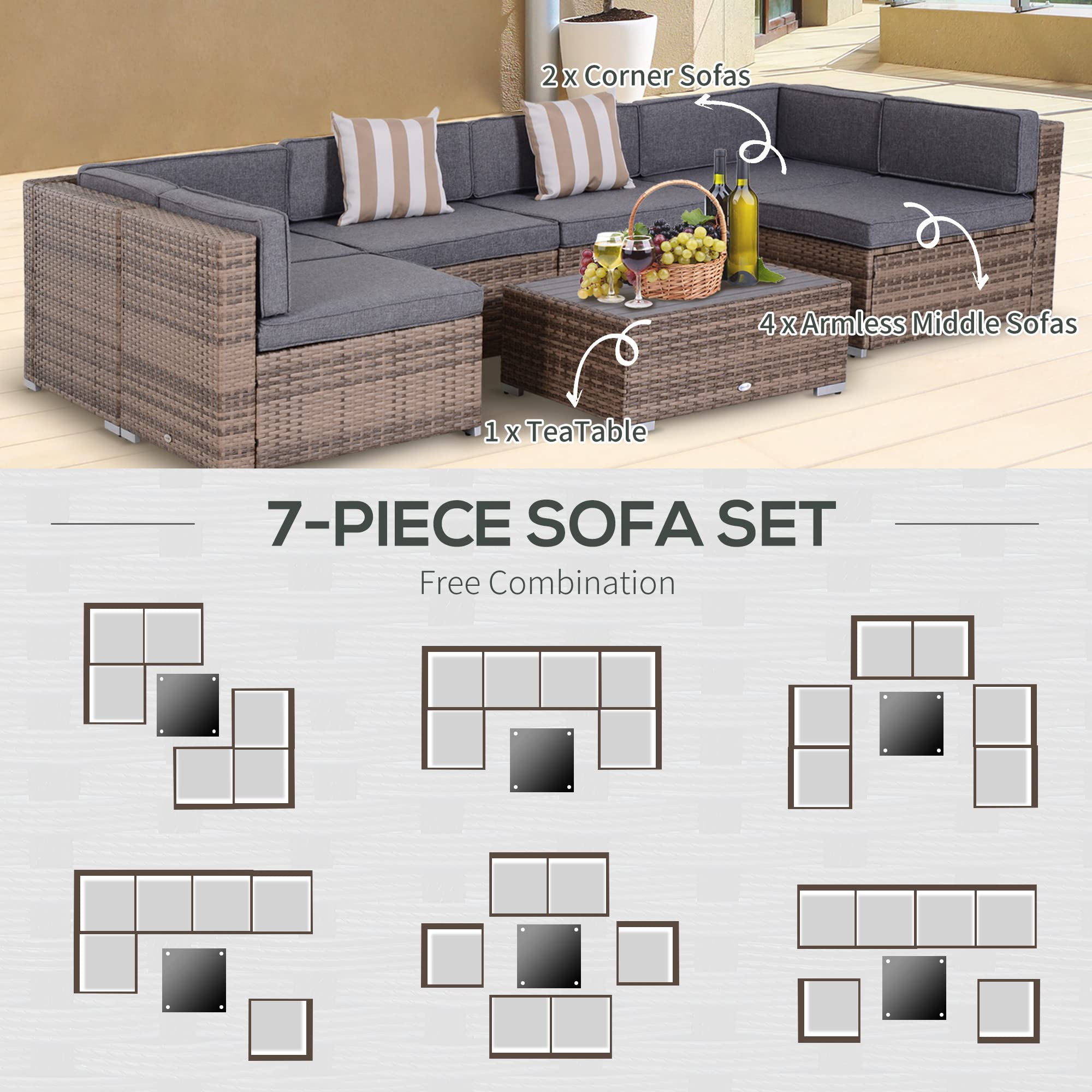 Outsunny 7-Piece Patio Furniture Set, All-Weather PE Rattan Outdoor Sectional Sofa with Cushions & Coffee Table - Perfect for Backyard, Garden, Poolside, and Patio Relaxation
